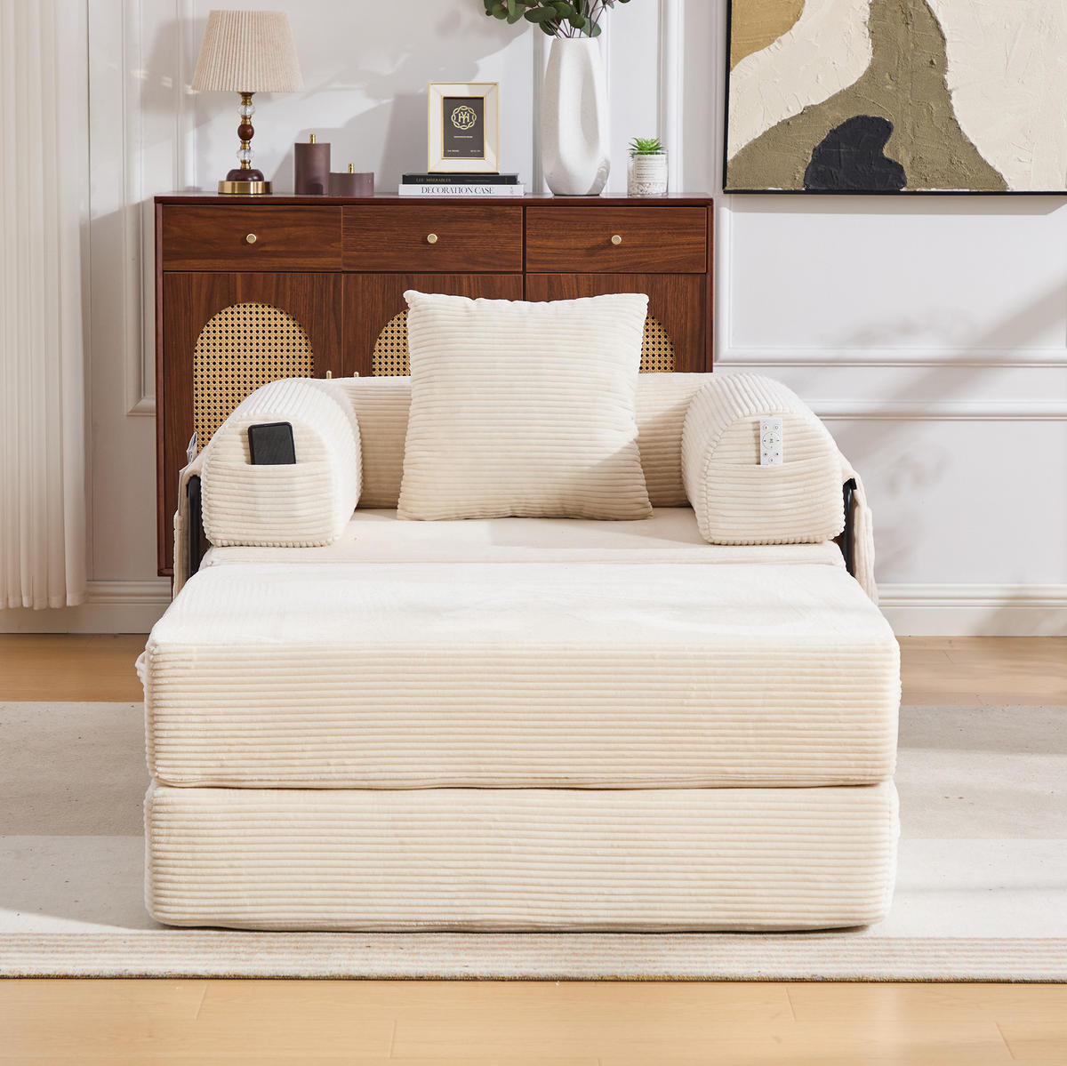SESSEL mit Hocker 112/190/67 cm montagelos, mit Seitentasche, Kissen und modularem Design, Beige - Beige, Textil (190/67/112cm) - Redom