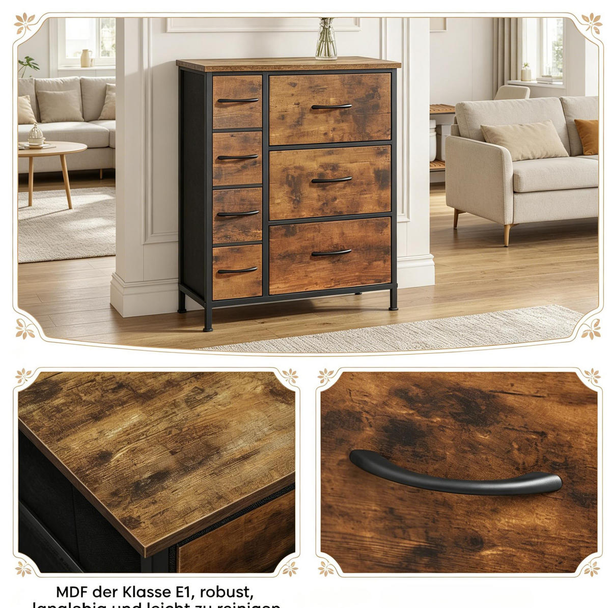 KOMMODE in Rustikalbraun und Schwarz 63,5x30x73 cm mit 7 Stoffschubladen - Braun, Holz (30/73/63.5cm) - IVMEU
