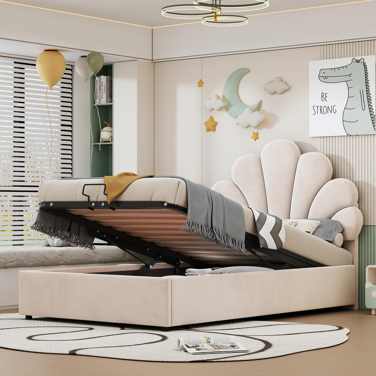 KINDERBETT 90/200 cm Beige mit Samtbezug höhenverstellbarem Kopfteil und hydraulischem Stauraum - Beige, Textil (90/200cm) - OKWISH