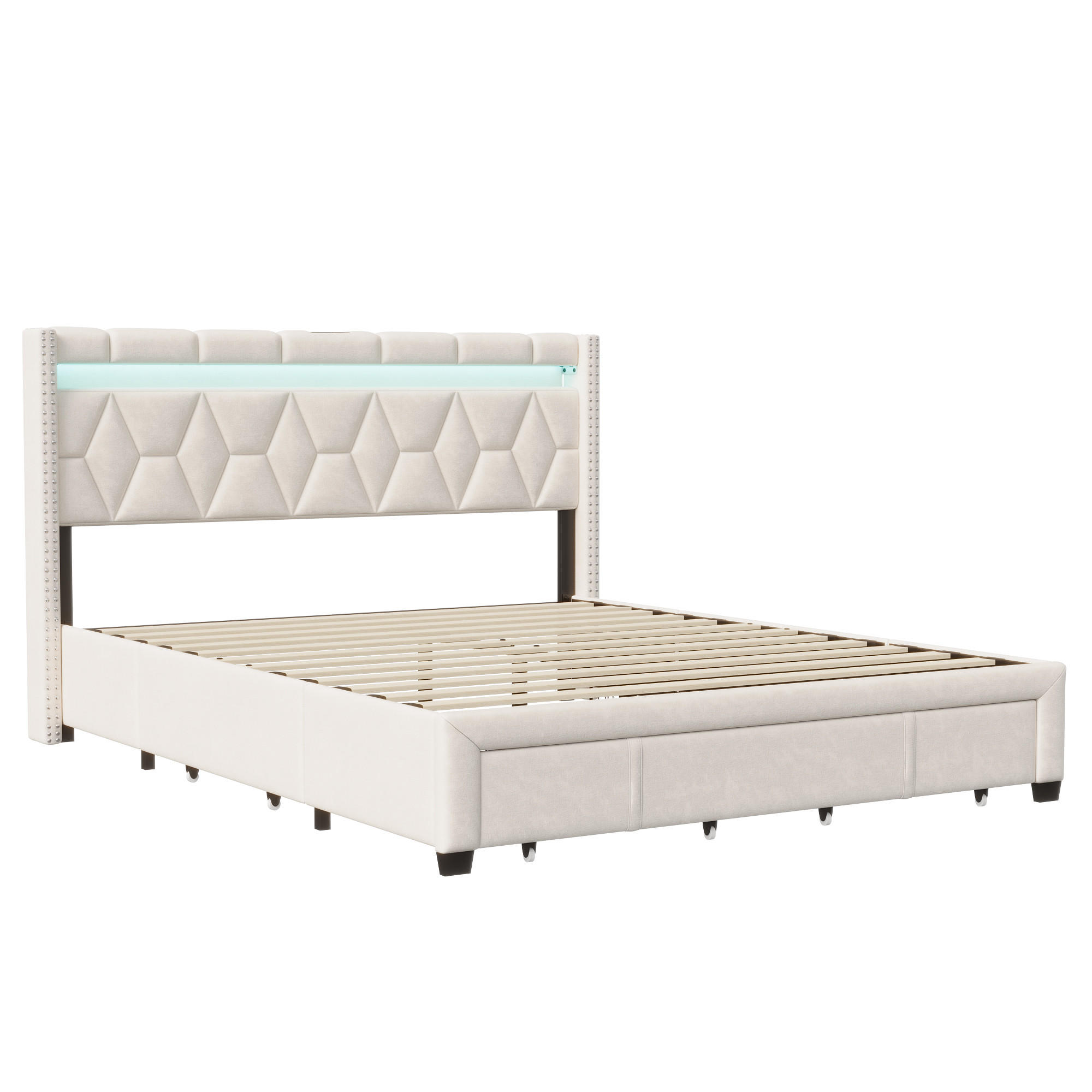 POLSTERBETT 160x200 cm mit LED, USB, 4 Schubladen, Leinen, Beige - Beige, Metall (160/200cm)