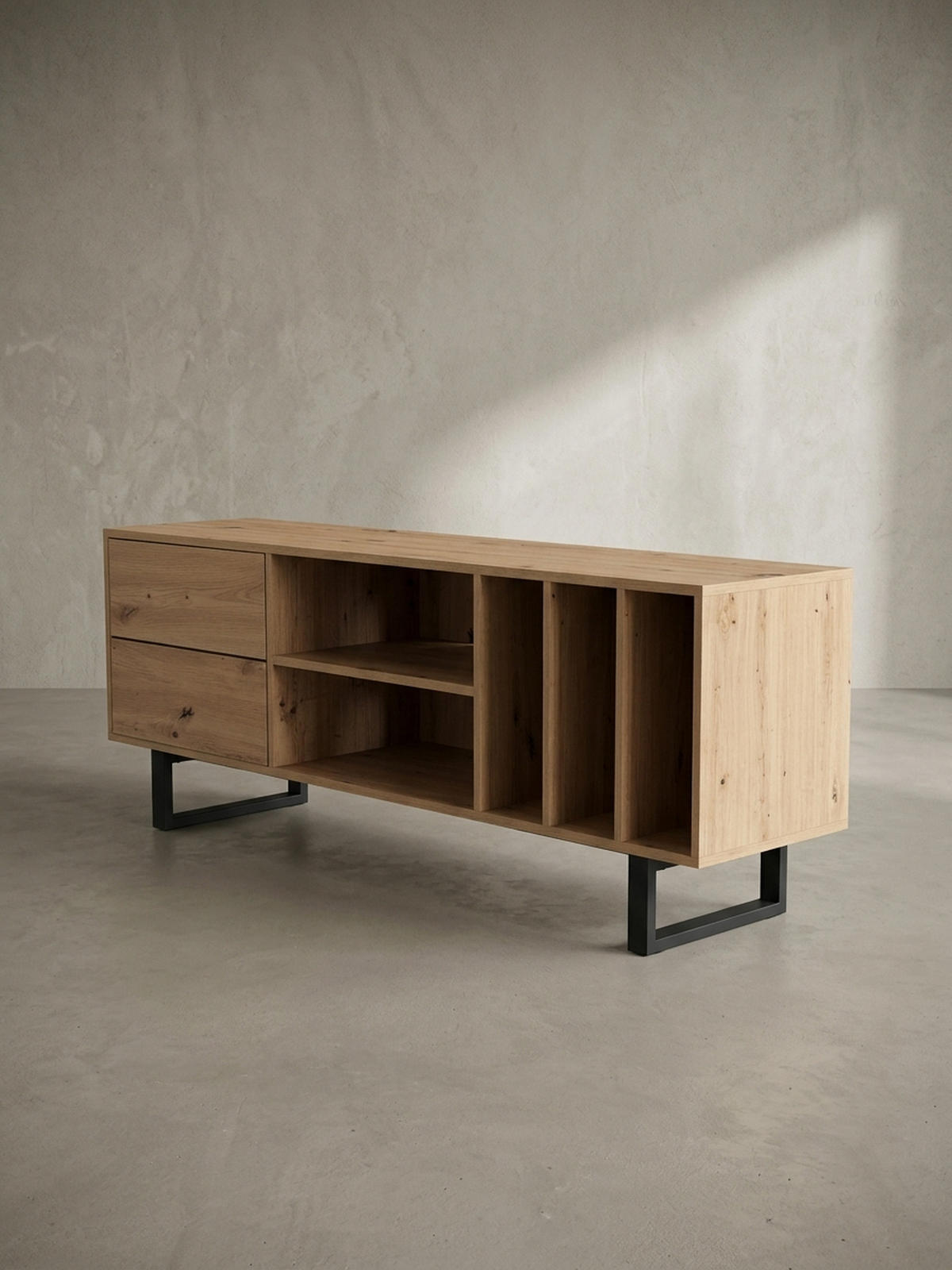 TV-LOWBOARD mit Eiche-Dekor, Schubladen und offenes Regal, modern, Braun 150x40x55 cm - Schwarz/Braun, Holzwerkstoff/Metall (150/55/40cm) - KADIMA DESIGN