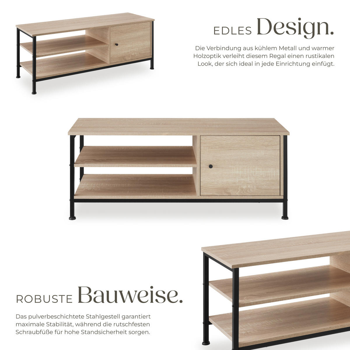 TV-REGAL Durban,110 x 40 x 45,5 cm,Industrial Holz hell, Eiche Sonoma - Naturfarben, Holzwerkstoff (40/45.5/110cm) - tectake