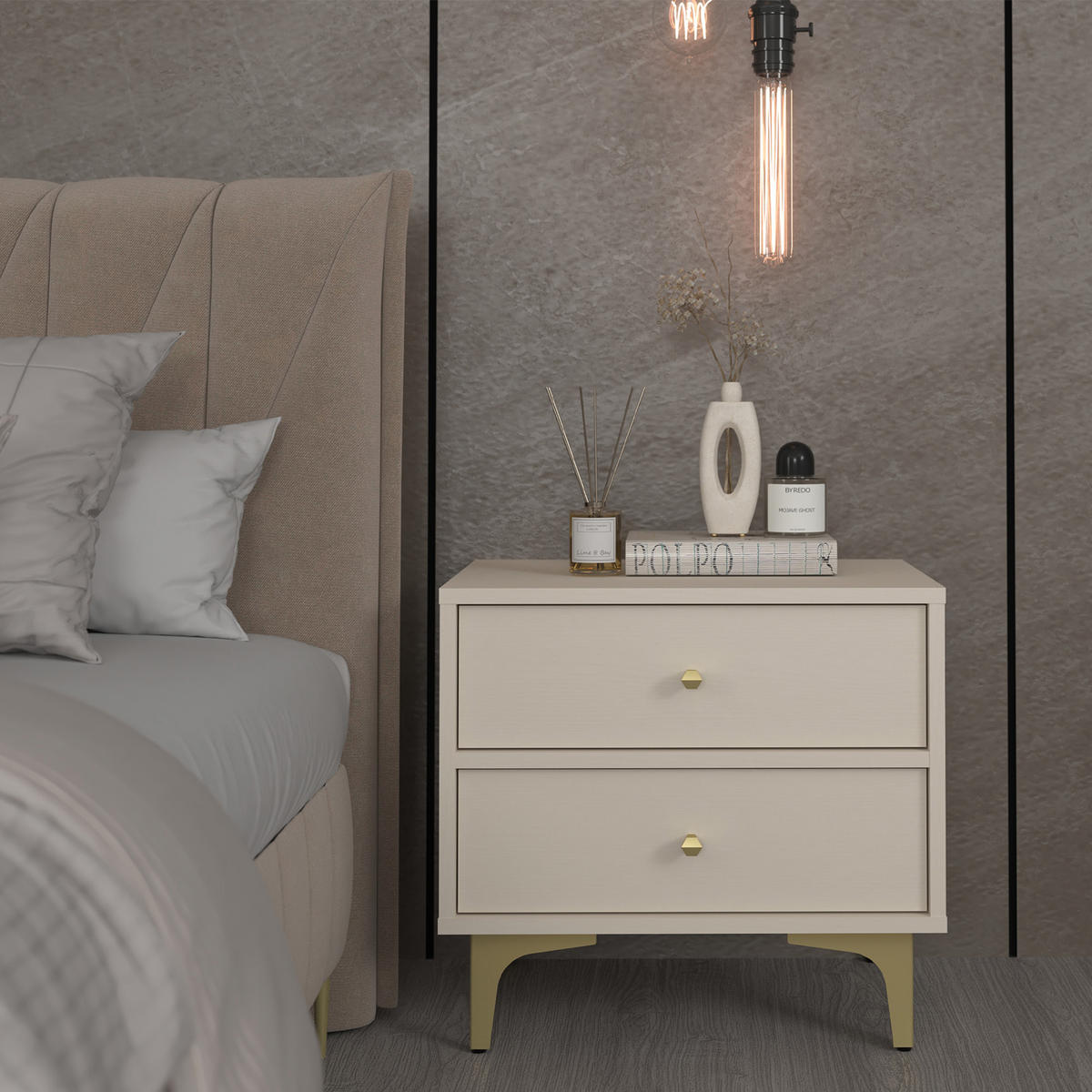 NACHTTISCH FLOREN, Creme/Gold - Creme, Holzwerkstoff/Metall (51.8/48.5/40.8cm) - KONSIMO®