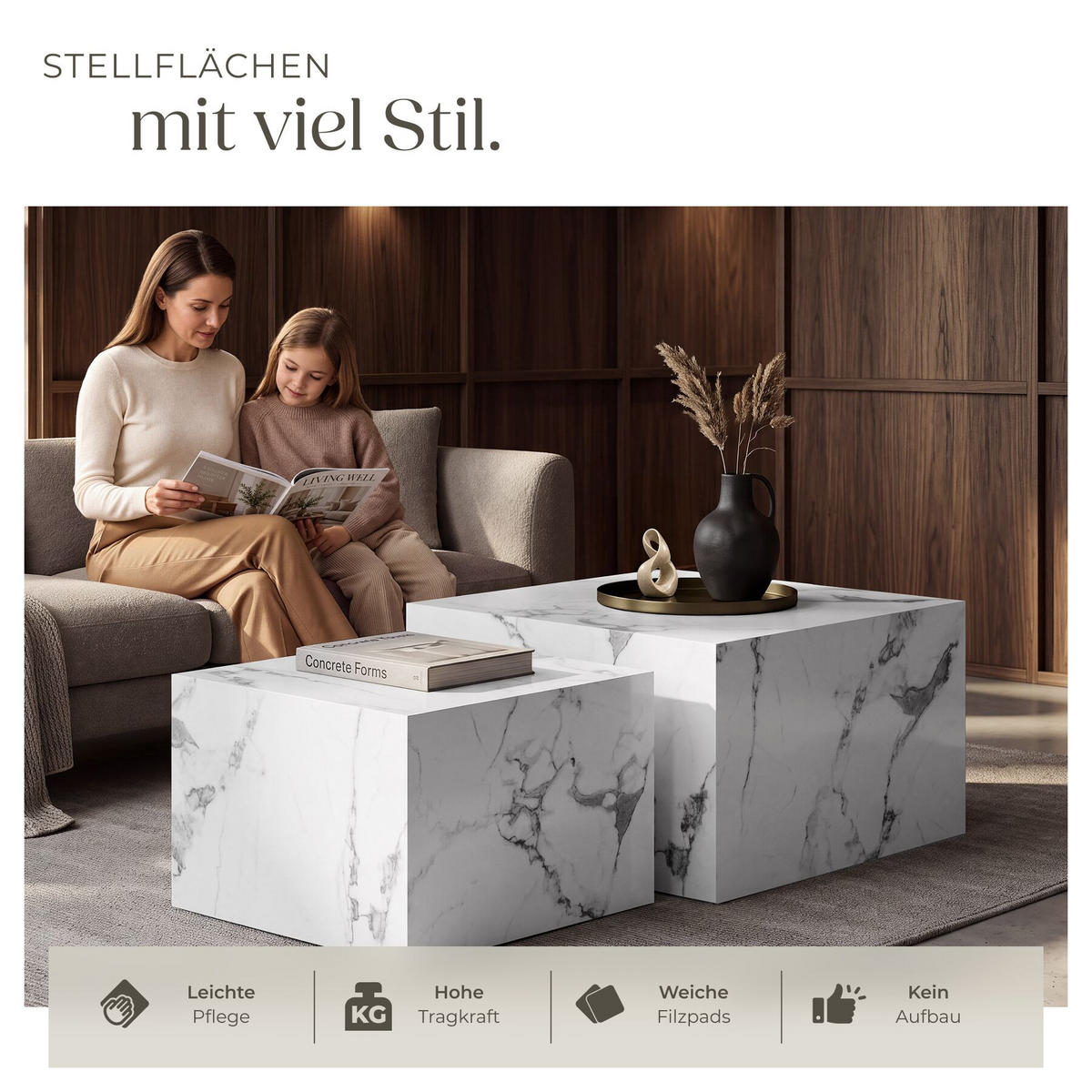 COUCHTISCH 2er Set Lacey, inkl. Filzschoner, Belastbarkeit 45 kg, Marmor Optik weiß - Weiß, Holz (60/60/40cm) - tectake