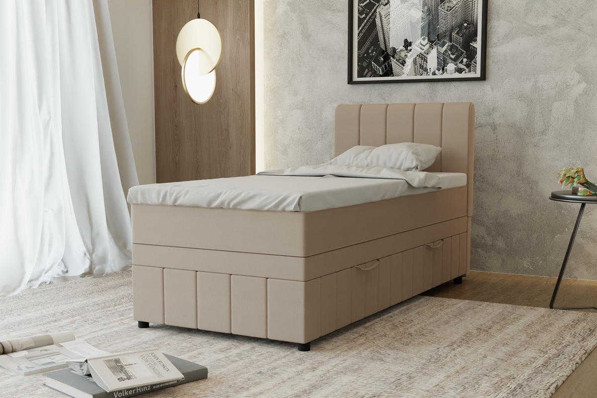 BOXBETT AVALON 90 x 200 cm mit Bettkasten und Topper - Beige - Beige, Holz - Panda Möbel