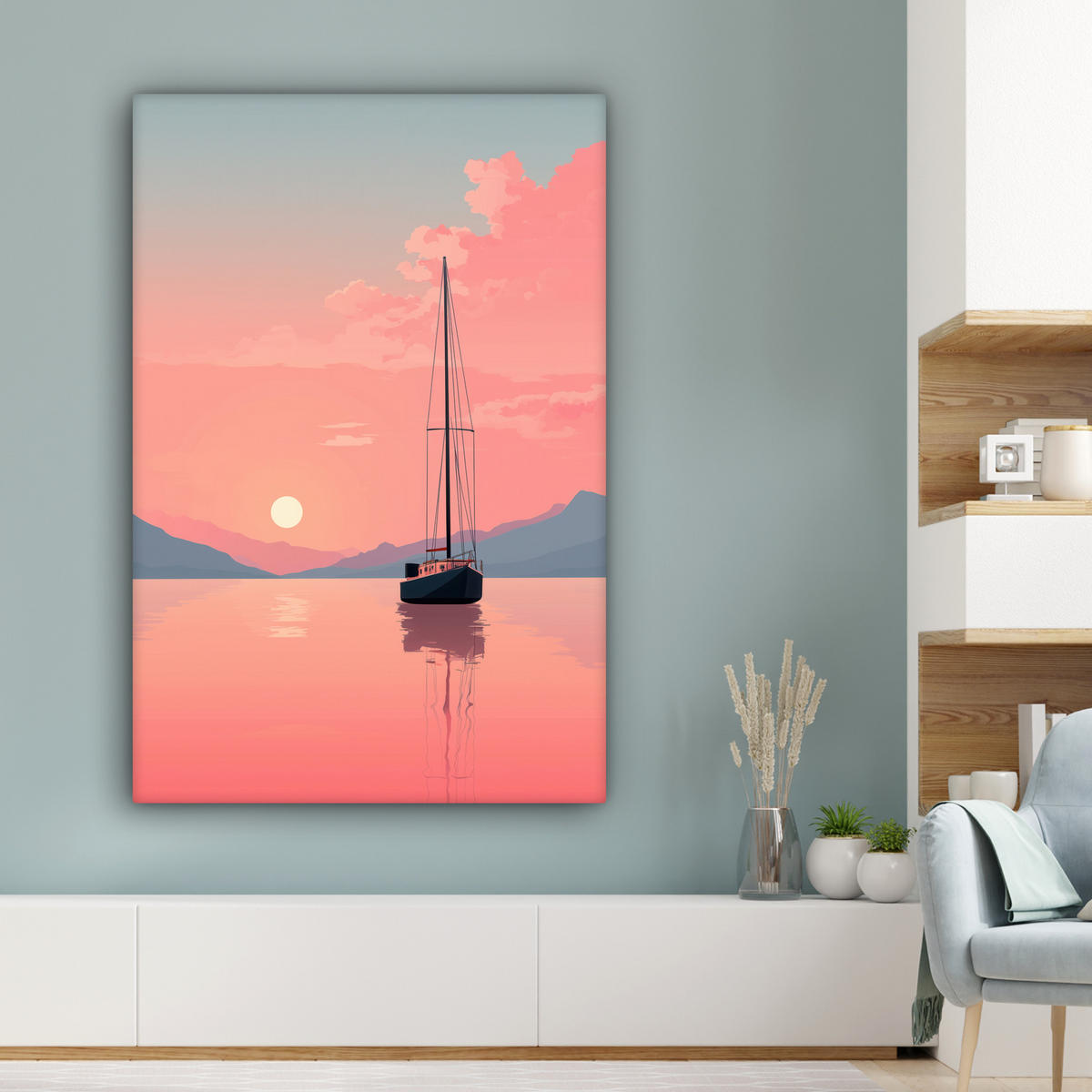 LEINWANDBILD Segelboot - Rosa Meer - Sonnenuntergang - Berge Deko Groß 90x140 cm - Rosa, Textil (90/140cm) - MuchoWow