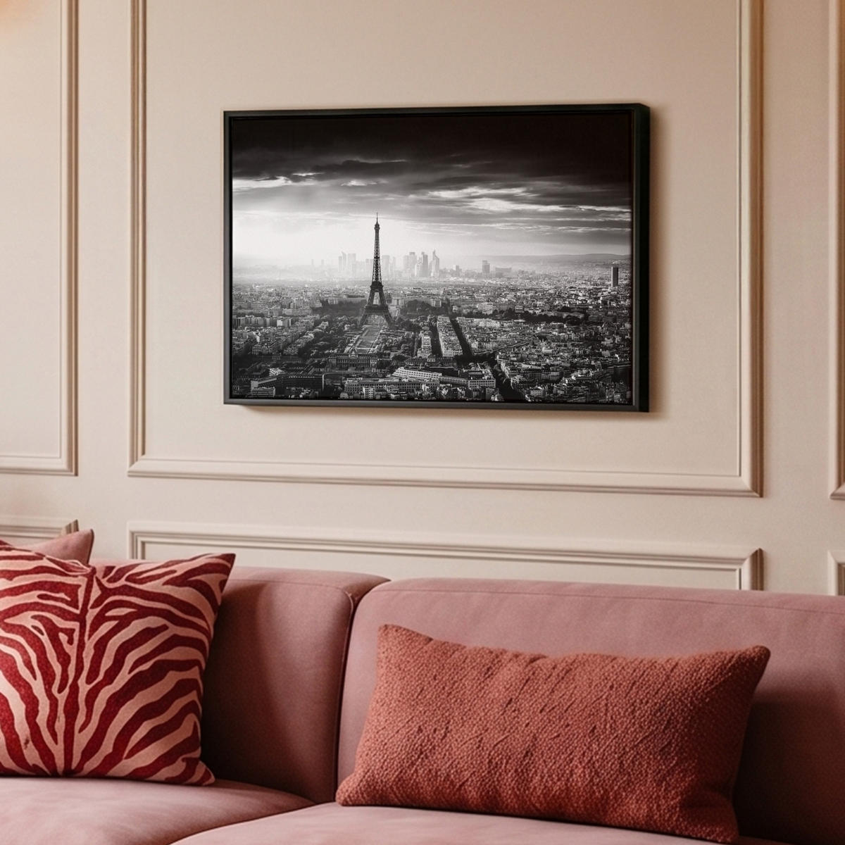 LEINWAND Bilder mit Rahmen - Paris - Skyline - Eiffelturm - Stadt - Wolken - 60x40 - Dunkelgrau, Textil (60/40cm) - MuchoWow