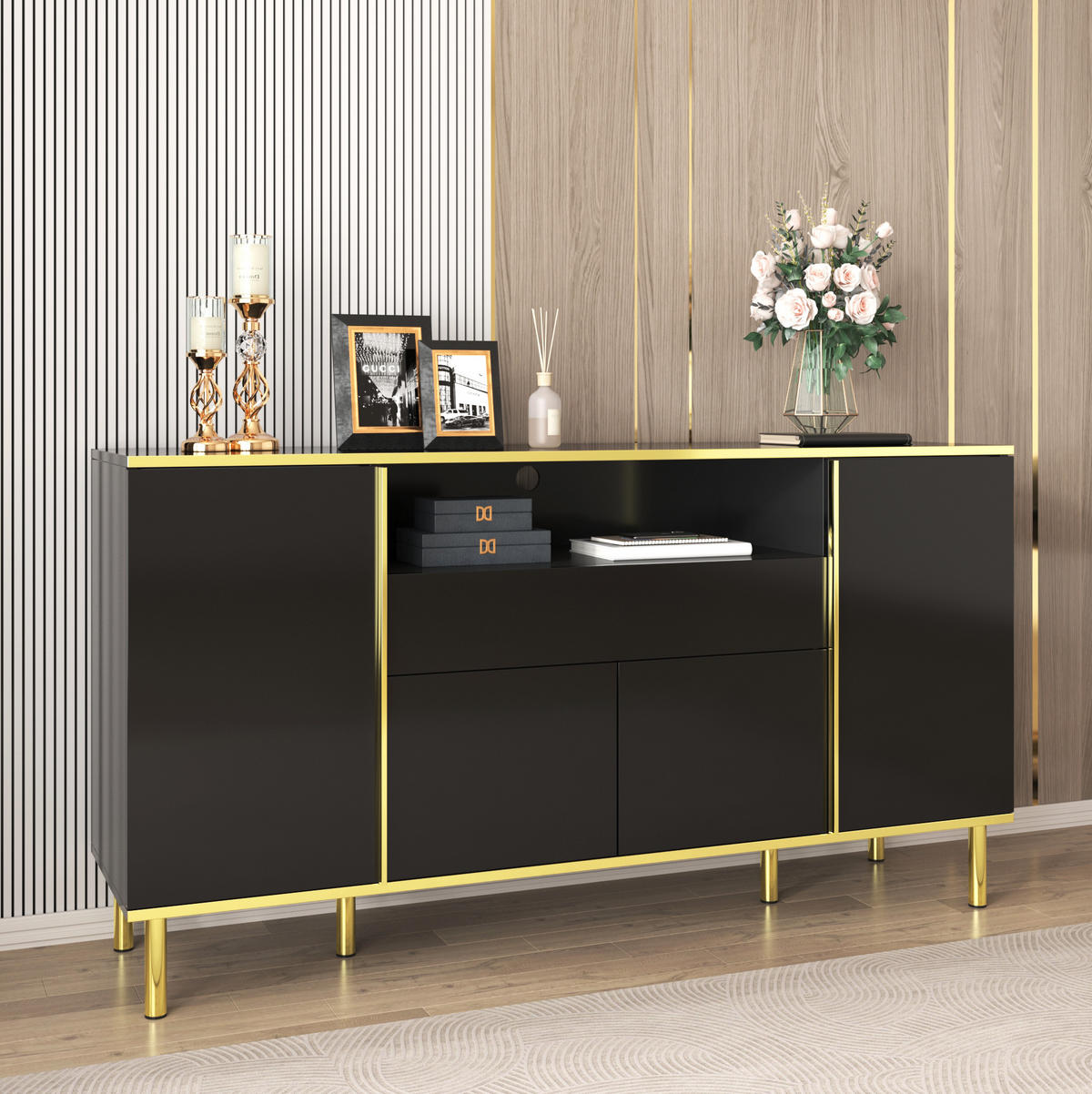 SIDEBOARD Hochglanz 150 x 40 x 80 cm Schwarz mit LED - Schwarz, Holzwerkstoff (150/80/40cm) - Meubliv