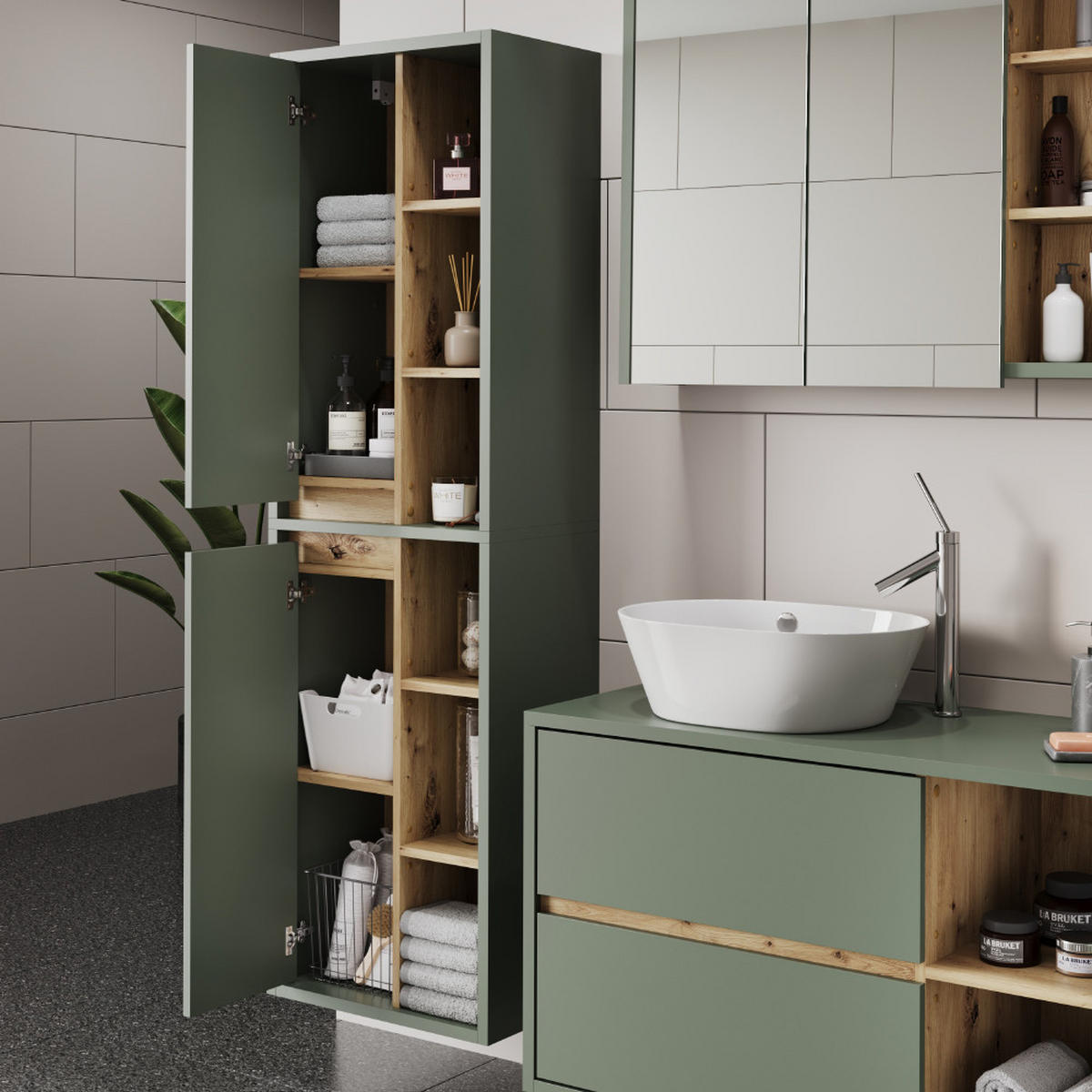 HOCHSCHRANK Viola Grün/Anthrazit 50 x 170 cm mit offenen Regalen - Anthrazit/Grün, Holzwerkstoff (50/170/33cm) - Vicco