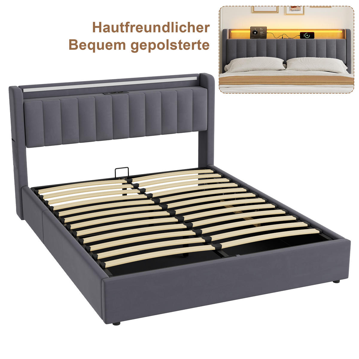 POLSTERBETT 180/200 cm mit Matratze und Stauraum, mit Steckdose und LED Beleuchtung - Grau, Holzwerkstoff/Textil (180/200cm) - STILVORA