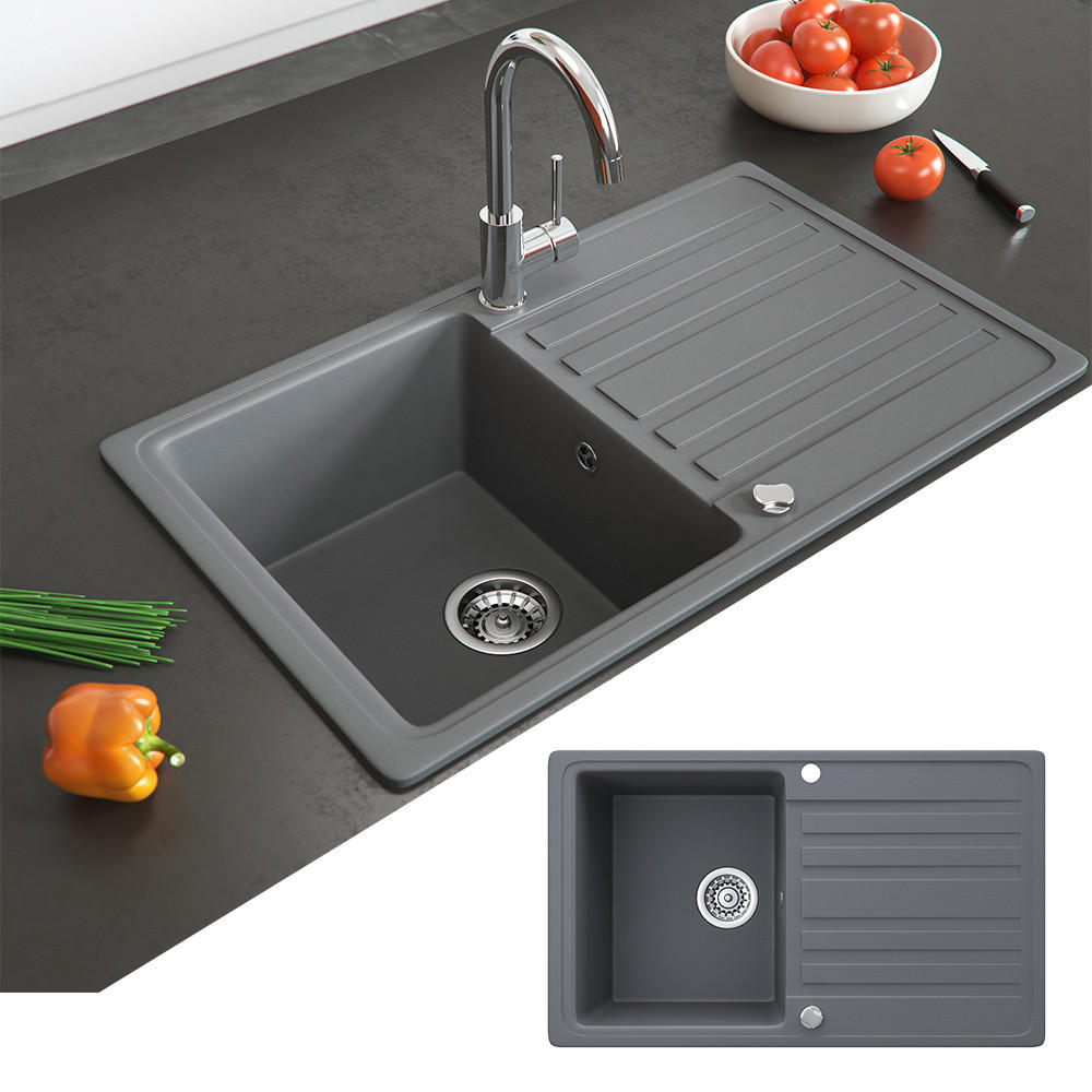 SPÜLBECKEN Grau 76.5 x 46 cm mit Trockenplatz - Dunkelgrau, Keramik (76.5/19/46cm) - Bergstroem