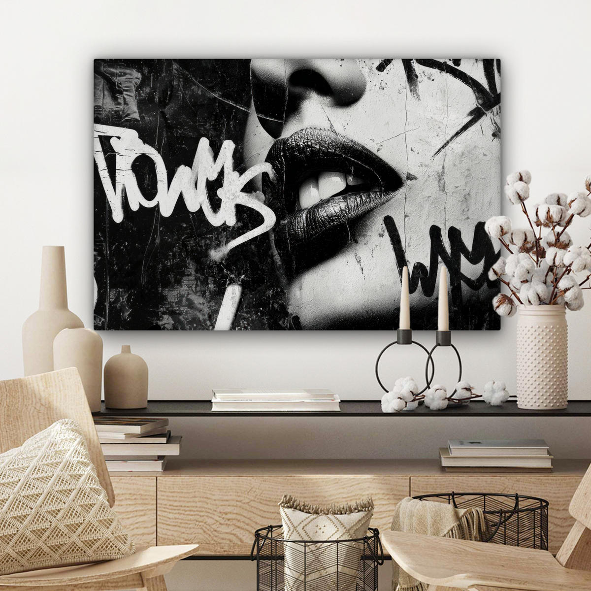 LEINWANDBILD Gesicht - Mund - Graffiti - Schwarz Wanddeko 90x60 cm - Schwarz, Textil (90/60cm) - MuchoWow