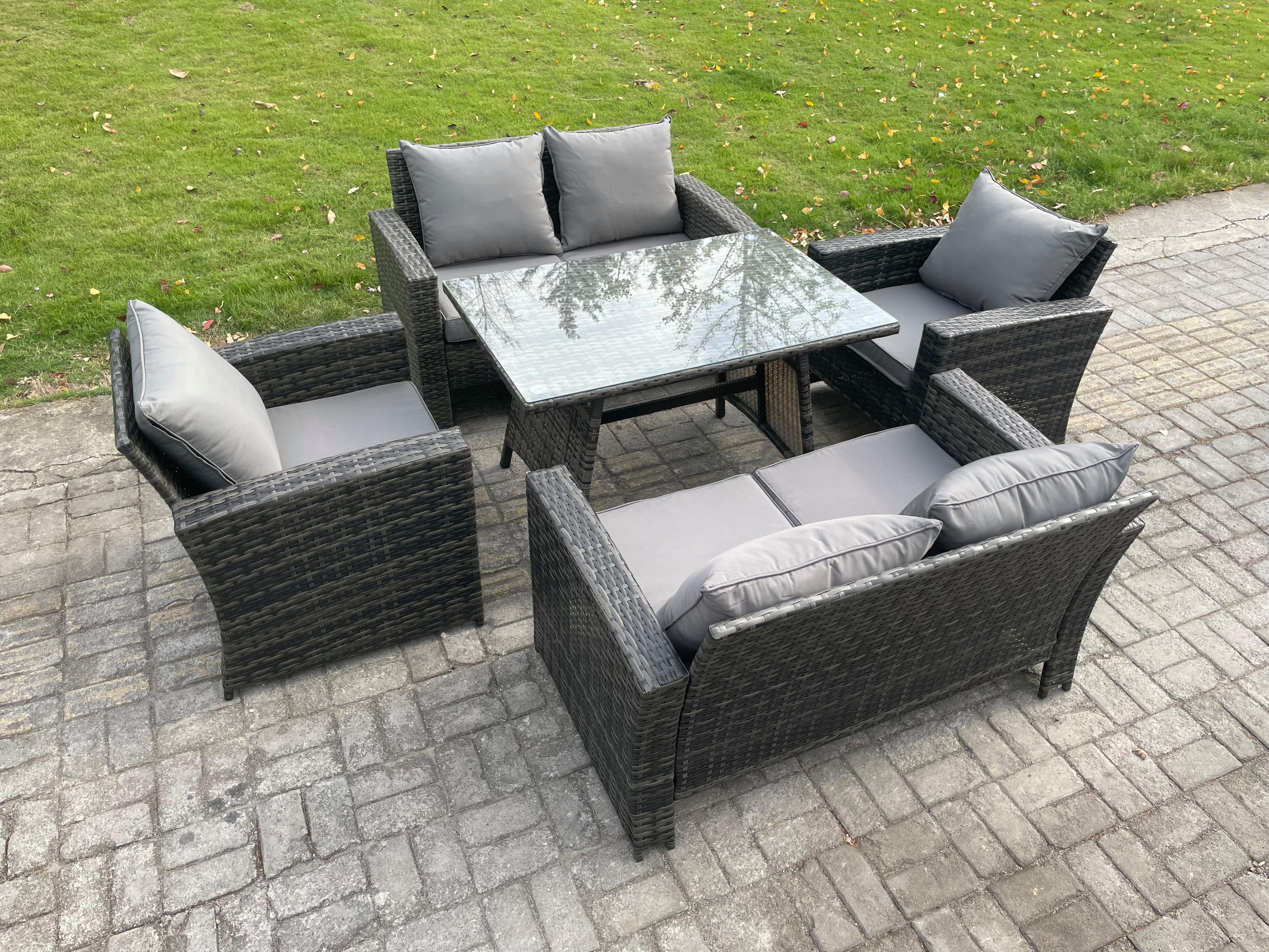 GARTENMÖBELSET mit ESSTISCH,HOCHLEHNER-SOFA Polyrattan Dunkelgrauer Mix 6-Sitzer - Dunkelgrau/Grau, Glas/Kunststoff - Fimous