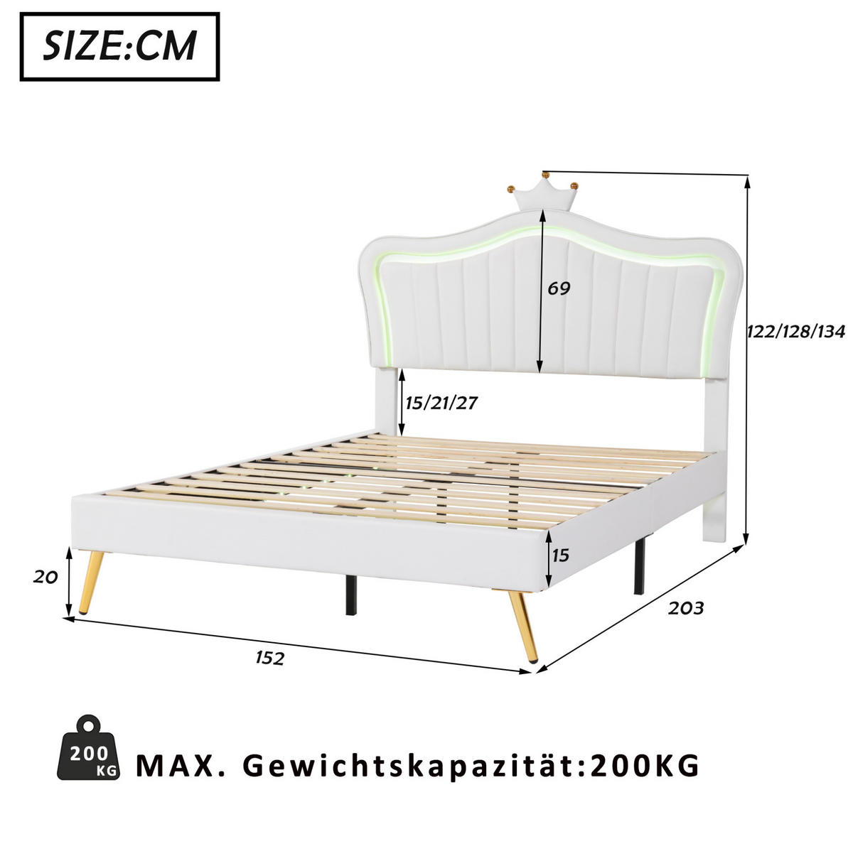 KINDER-POLSTERBETT aus Kunstleder 140x200 cm Weiß mit LED-Beleuchtung und verstellbarem Kopfteil - Weiß, Leder (140/200cm) - IVMEU