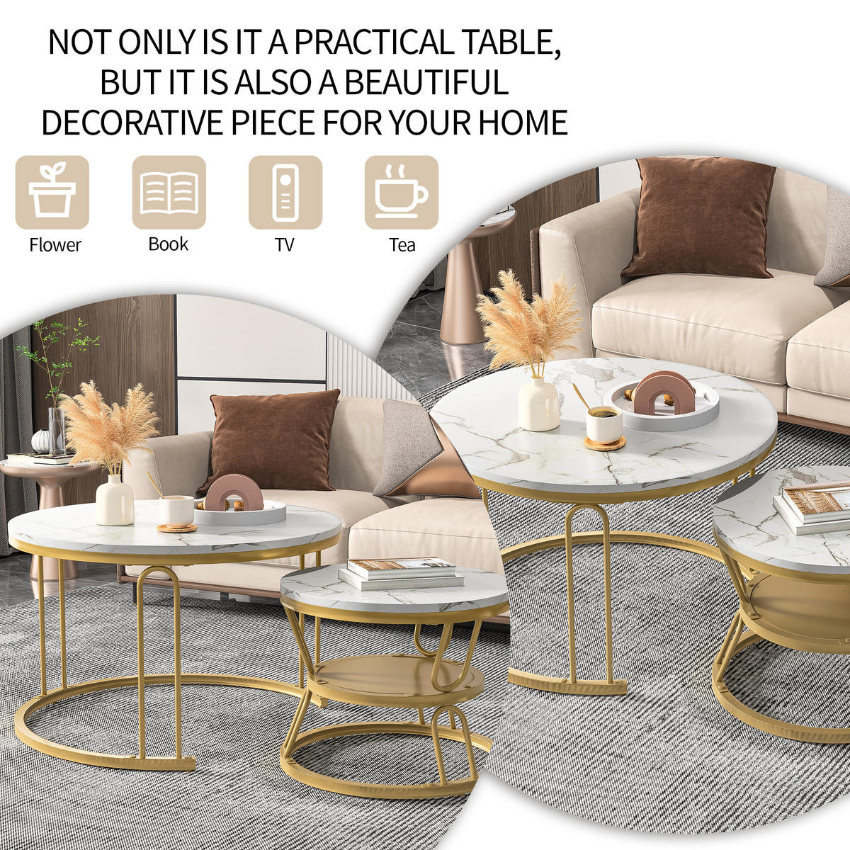 COUCHTISCH 2er Set rund schiebbar Marmoroptik Metall gold weiß - Weiß, Holz (45/70/44.2cm) - LEBENLANG