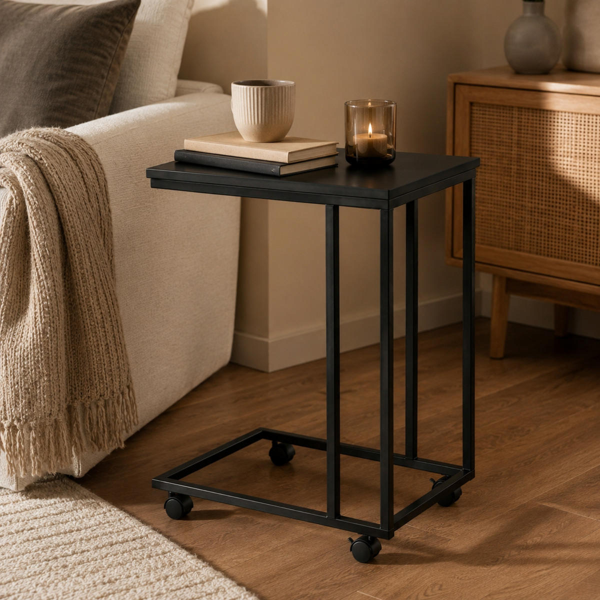 BEISTELLTISCH mit Rollen für optionalen Anbau Schwarz 35/50/61 cm - Schwarz, Metall (35/50/61cm) - SCENA LIVING