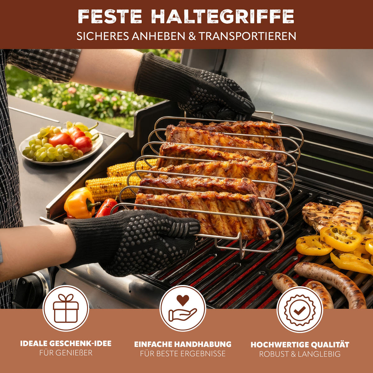SPARE-RIBS-HALTER, aus Edelstahl mit Tragegriffen - Edelstahlfarben, Metall (37/7/29cm) - eluno