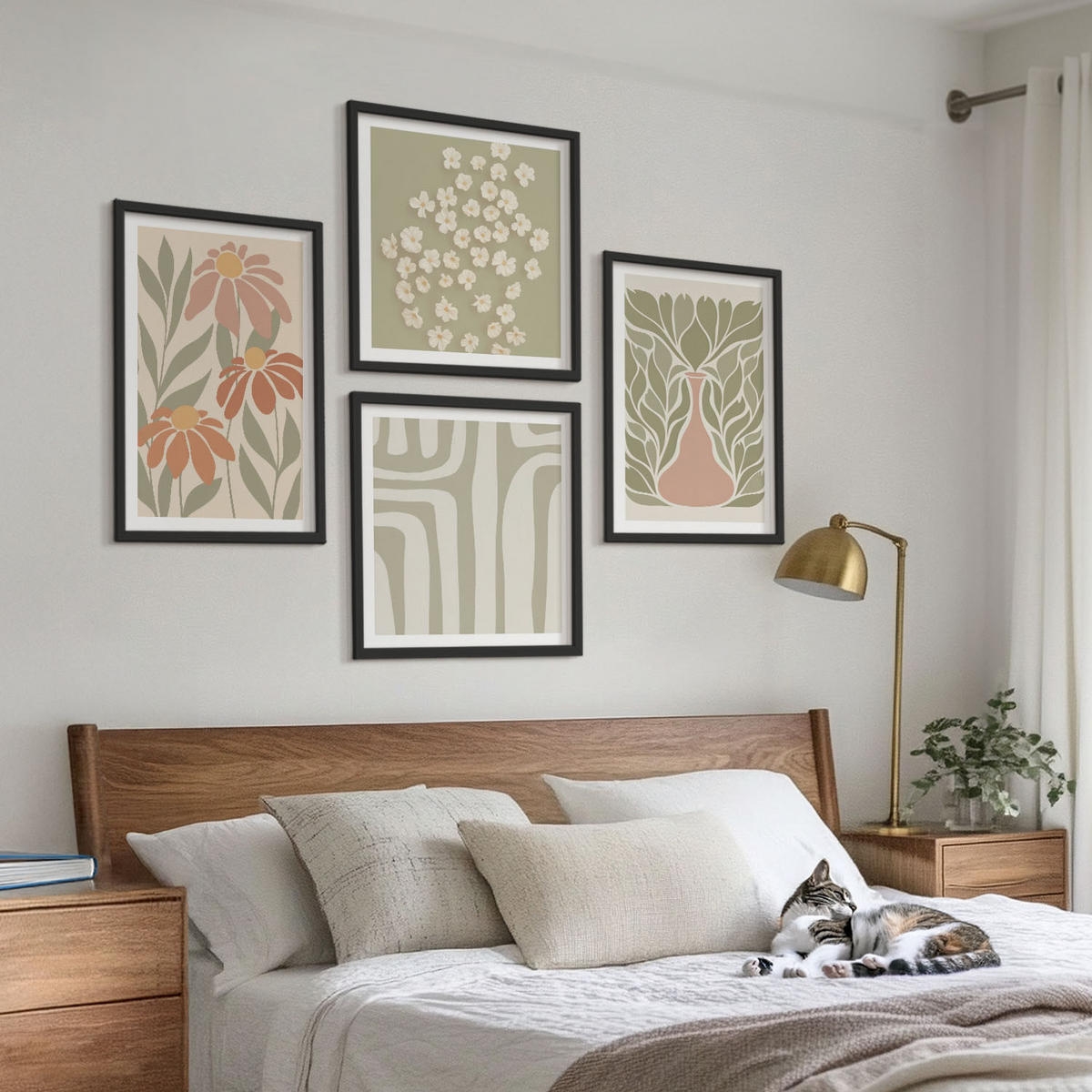 WANDBILDER 4er-Set - 50x50 cm & 40x60 cm Schwarzer Rahmen - Floraler minimalistischer Boho-Stil - Schwarz, Kunststoff (50/50cm) - ArtPrintCave