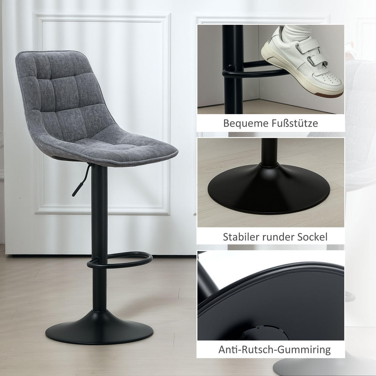 BARHOCKER 2er-Set, Gepolstert Barstuhl mit Lehne, Chenille-Optik Dunkelgrau - Dunkelgrau, Kunststoff (47/117/53cm) - HOMCOM
