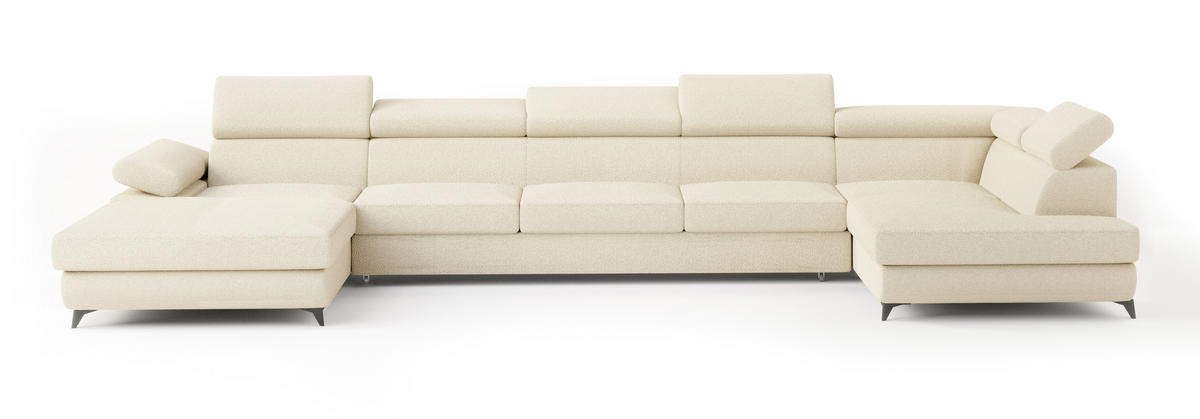 WOHNLANDSCHAFT MONTIVA Creme Boucle-Stoff mit Schlaffunktion - Creme, Holz (410/89/190cm) - MASSENO