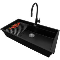 UNTERBAUSPÜLE GRANIT Praga, 2-er set Schwarz 86/47 cm 1 Becken + Küchenarmatur 40/38 cm + Ablauf-Set + Aufrollbare Abtropffläche ab 90er Unterschrank - Chromfarben/Schwarz, Kunststoff (86/20/47cm) - Primagran