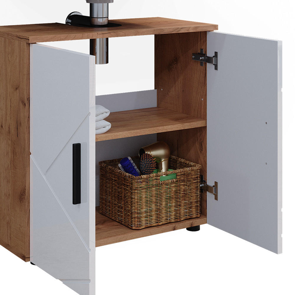 BADMÖBEL-SET Irma Weiß Hochglanz/Goldkraft Eiche 4 Teile mit Hochschrank - Weiß Hochglanz/Eiche Wotan, Holzwerkstoff (80/58.6/41cm) - Vicco