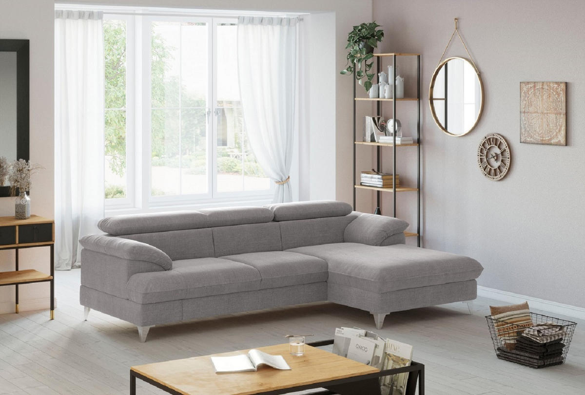 ECKSOFA mit Schlaffunktion und Bettkasten, verstellbare Kopfstützen - Chromfarben/Grau, Textil/Metall (167/254cm) - Cotta