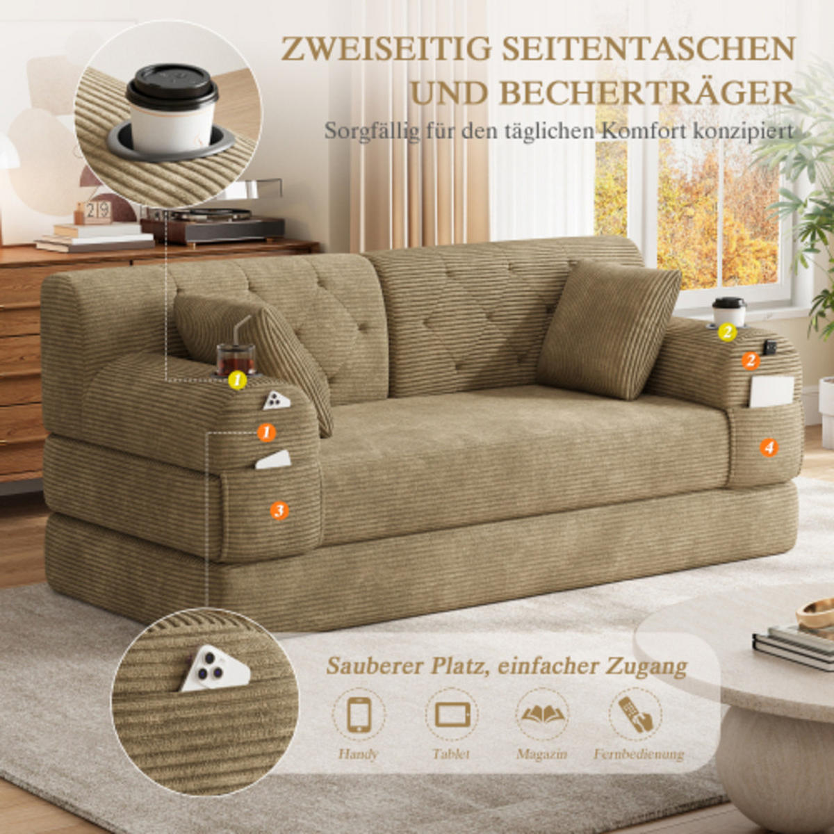 SCHLAFSOFA mit Metallrahmen hellbraun 168×80×81 cm aus Cordstoff - Hellbraun, Textil (80/81/168cm) - Luhomfu