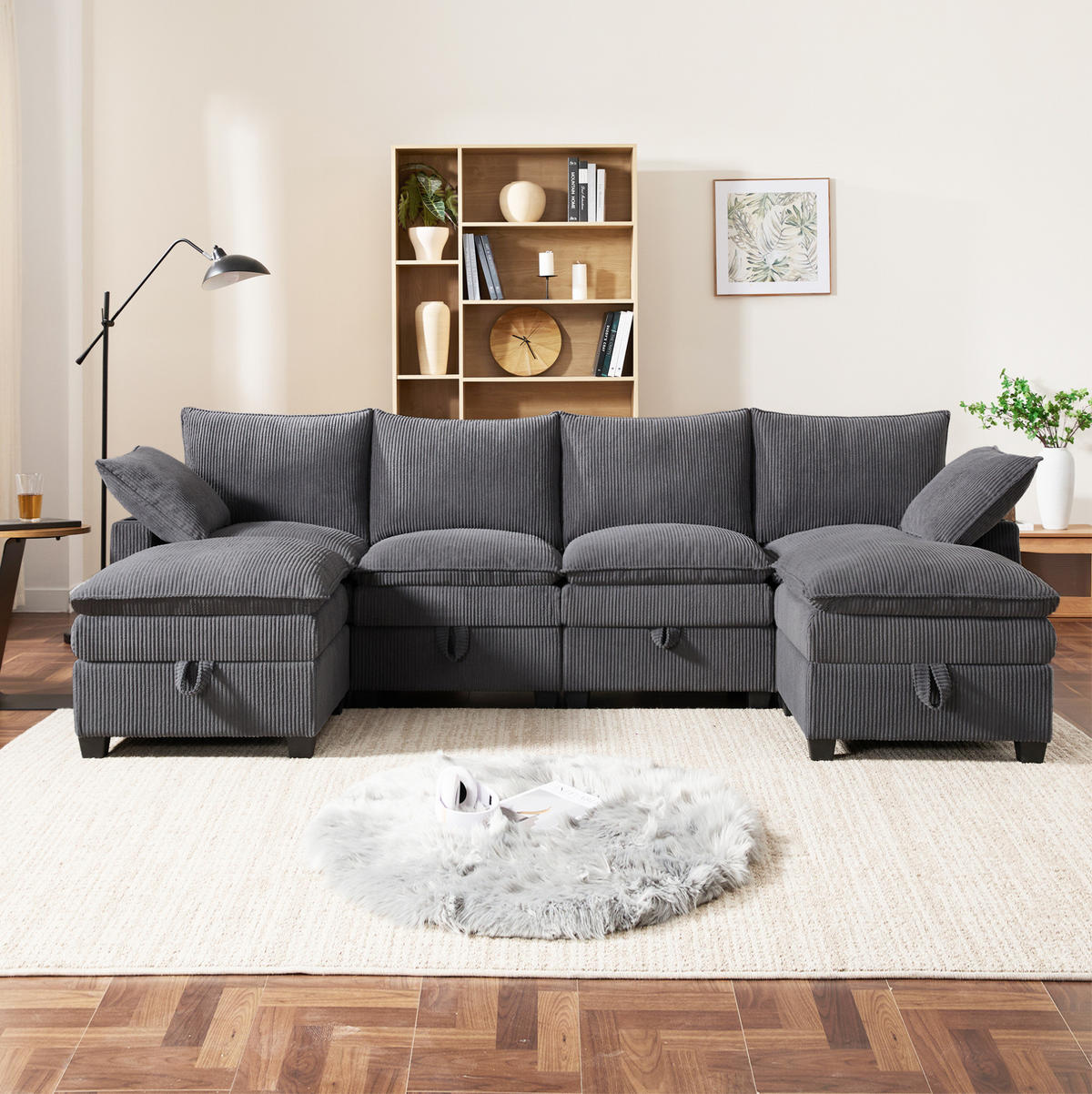 WOHNLANDSCHAFT aus Cord 280x151x82 cm Grau mit USB-Anschlüssen, Stauraum, Getränkehaltern und 2 Fußhockern - Grau, Textil (151/82/280cm) - Modfu