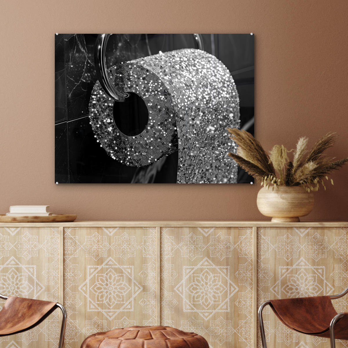ACRYLGLASBILD WC - Toilettenpapier - Schwarz und weiß - Glitter 80x60 cm - Silberfarben, Glas (80/60cm) - MuchoWow