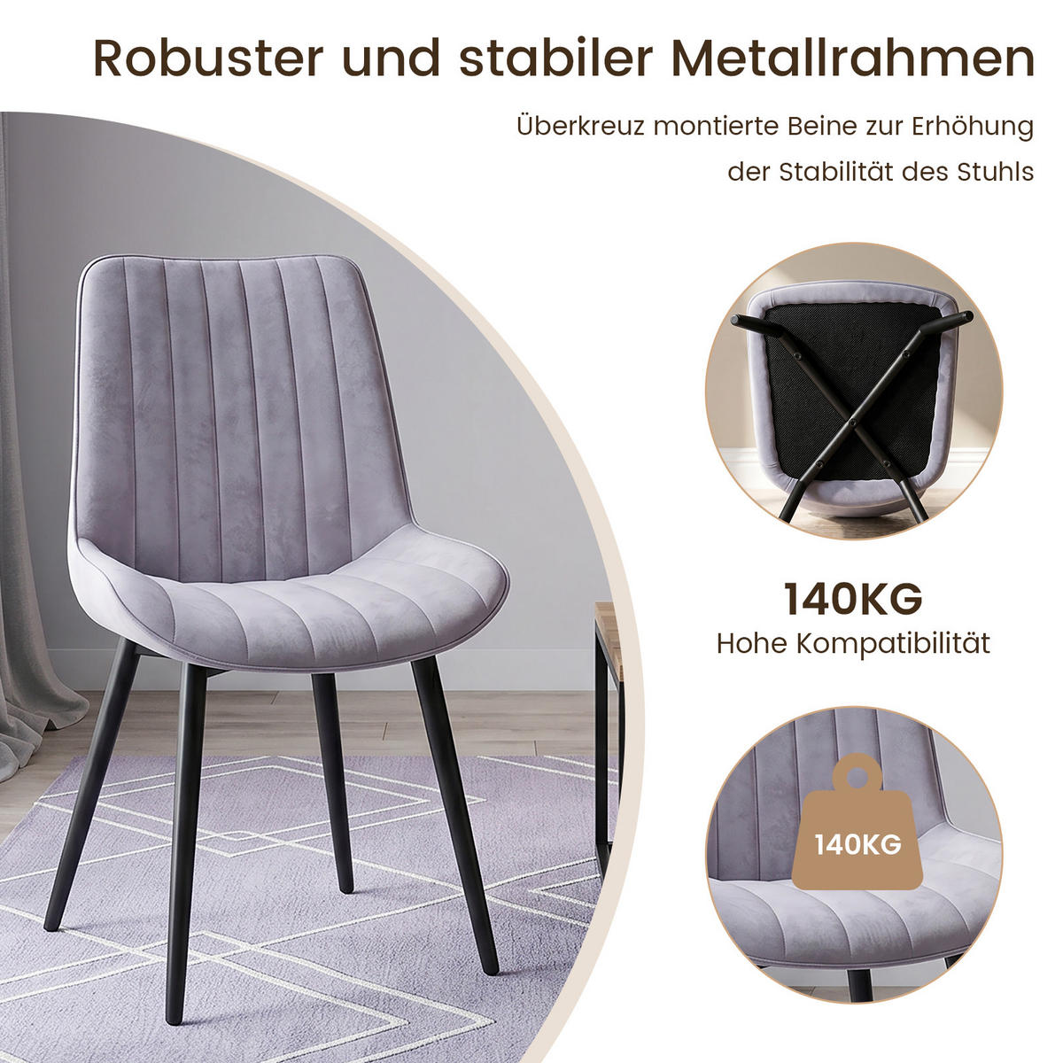 STUHL-SET 4 Stück Samt-YZ1 - Hellgrau, Textil/Metall (62.5/88/53cm) - HOMAVO