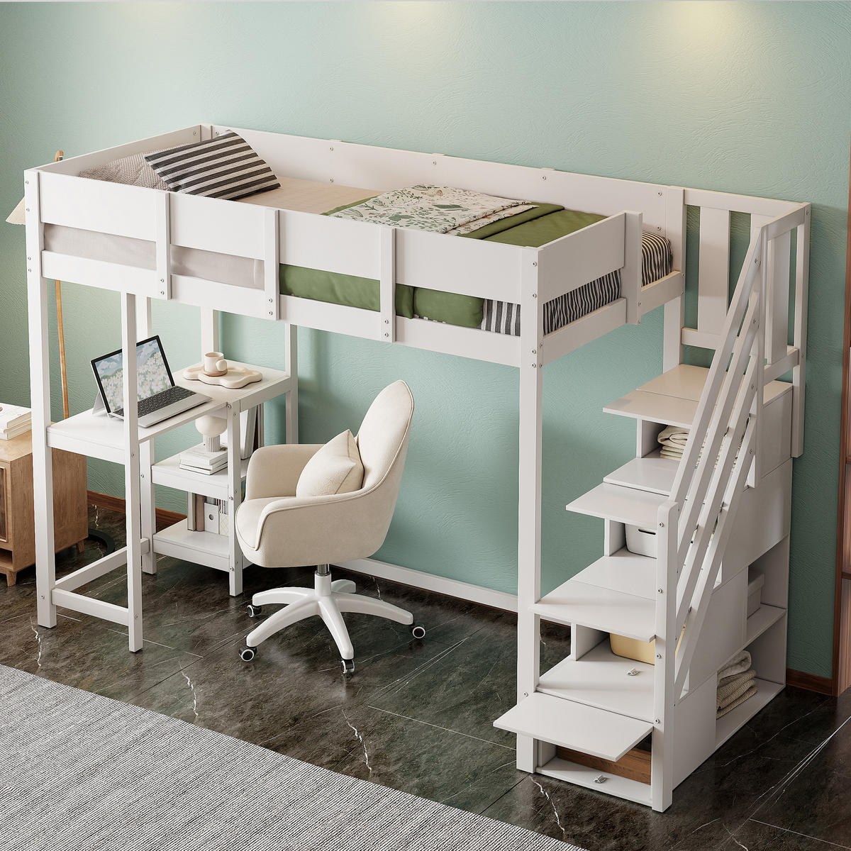 HOCHBETT 90/200 cm aus massivem Kiefernholz mit Stauraum und Ablage - Weiß, Holz (90/200cm) - OKWISH