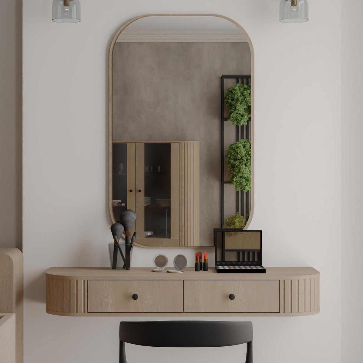 KONSOLENTISCH Halay Eiche Cremona 2 Schubladen mit runden Kanten + Rechteckiger Spiegel - Eichefarben/Schwarz, Holzwerkstoff/Metall (36/123/17.5cm) - AX Living
