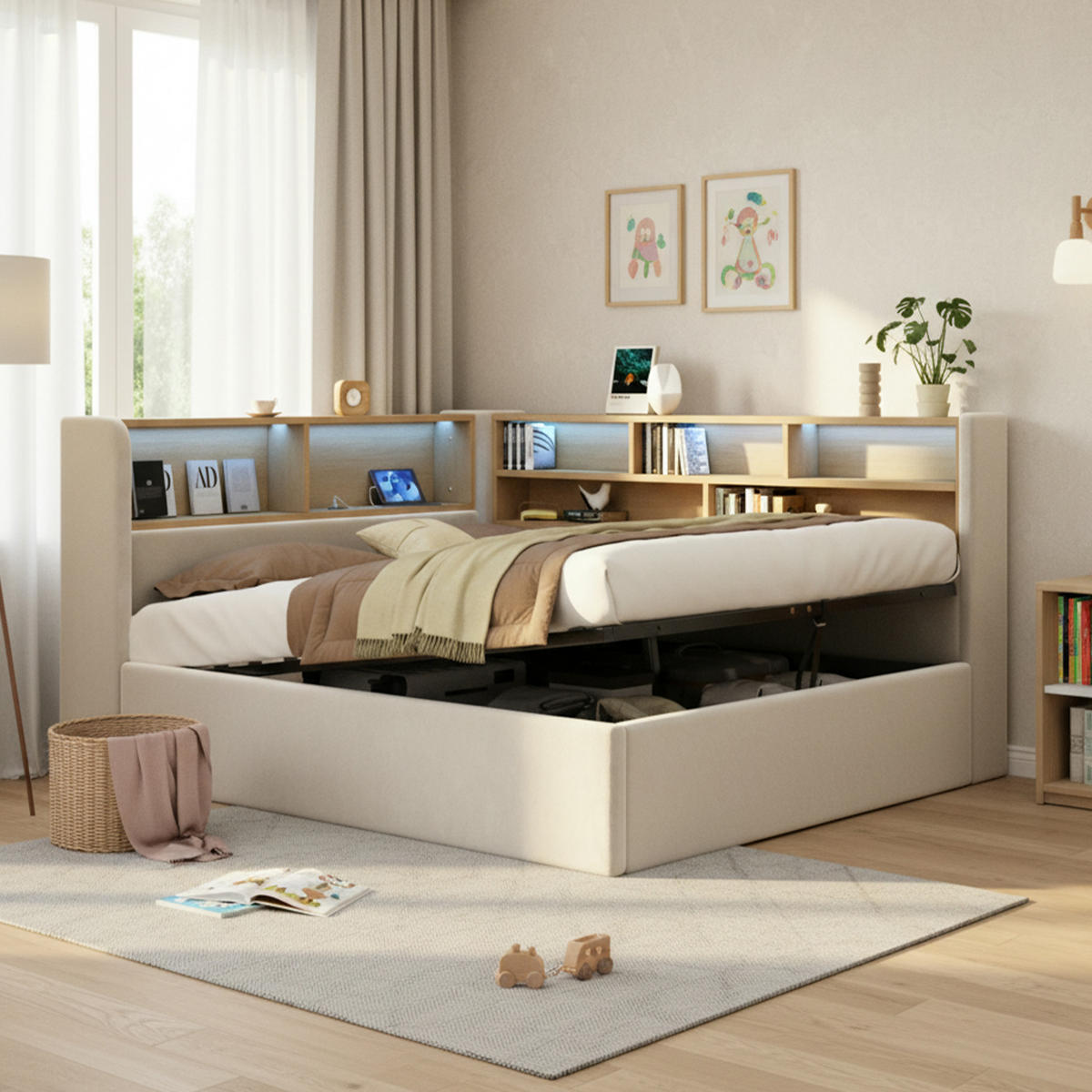 POLSTERBETT 140/190 cm in Beige Samt mit Bettkasten, LED und USB/Type-C - Beige, Holzwerkstoff/Textil (140/190cm) - WISHDOR