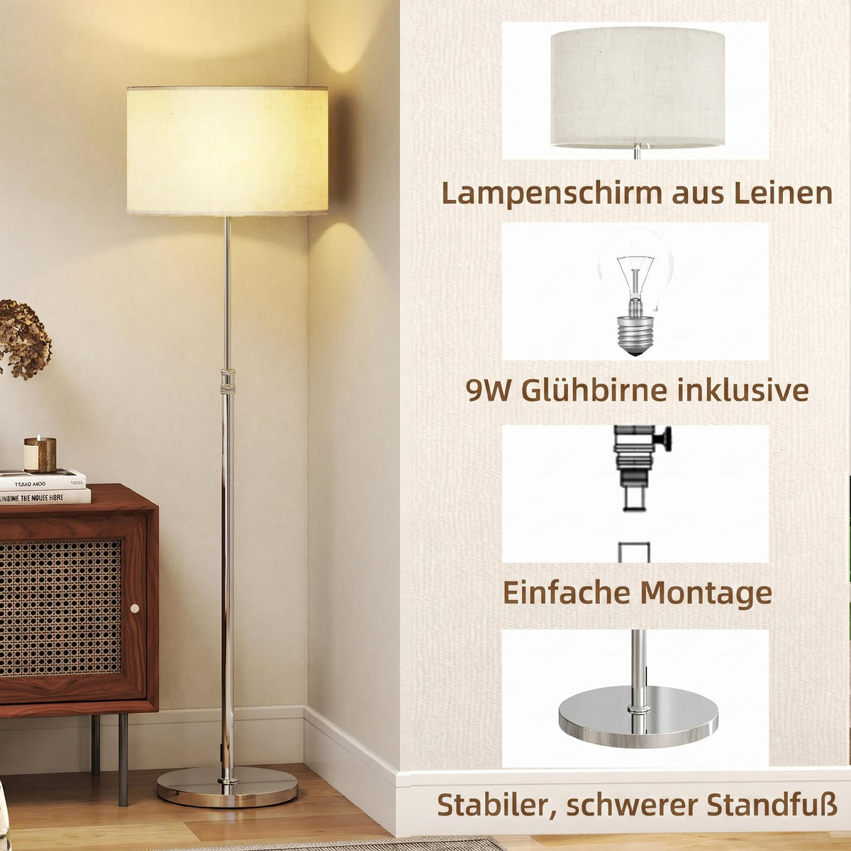 STEHLEUCHTE Stahl, Leinenstoff Beige - Beige, Metall (40/40/168cm) - HOMCOM
