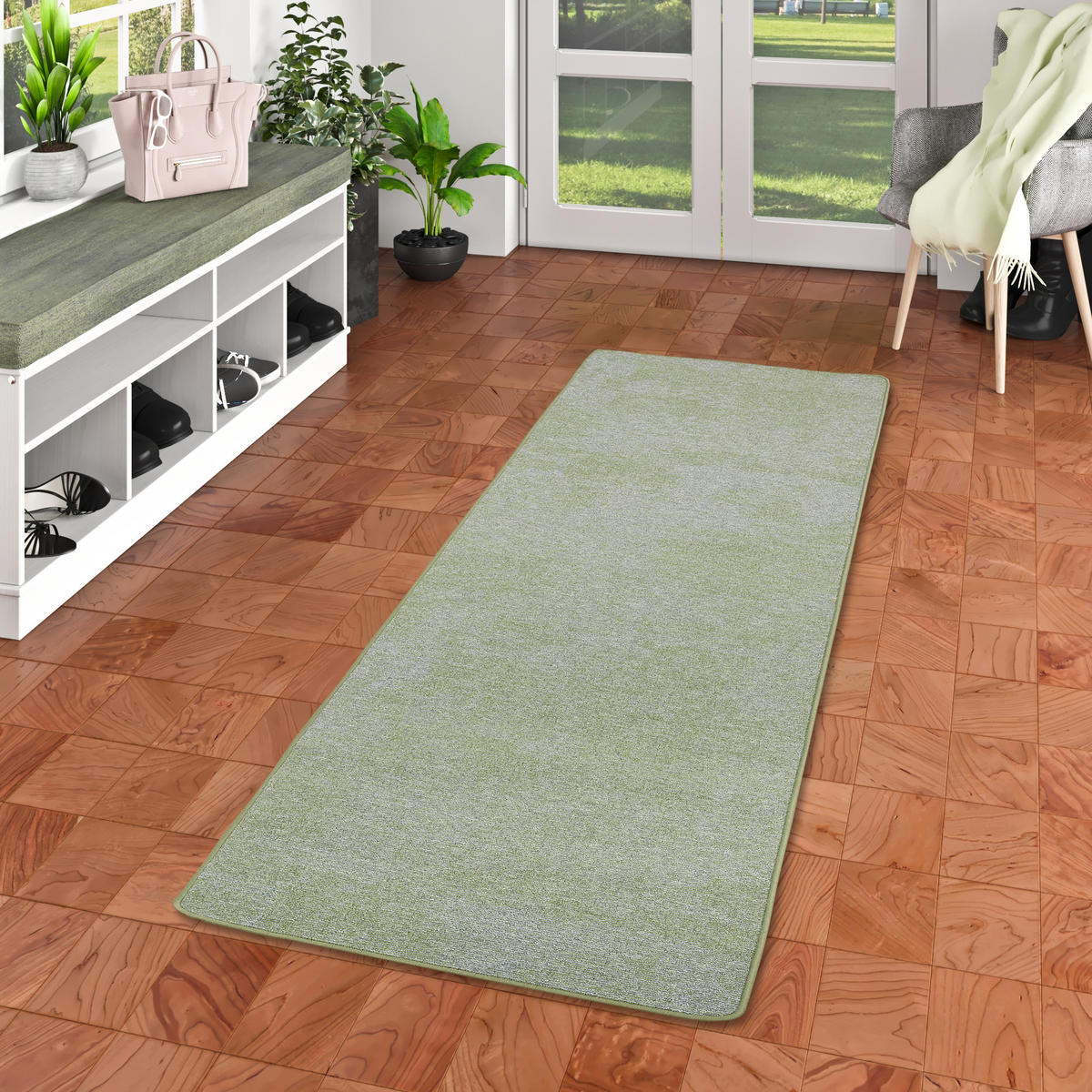 STREIFENBERBER TEPPICH LÄUFER LINES MELIERT - Grün, Textil (100/100cm) - Snapstyle