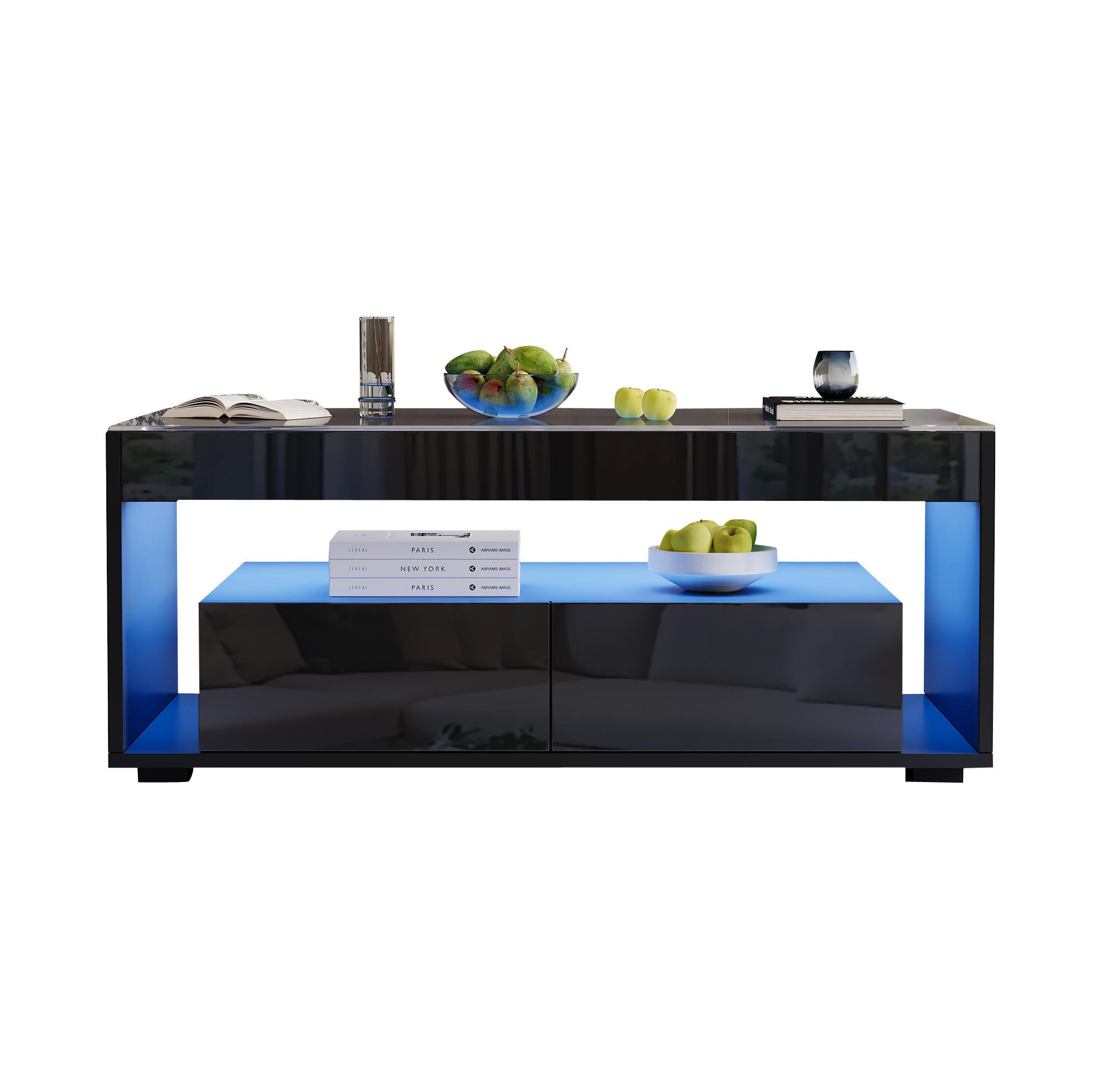 COUCHTISCH 100/50/40 cm schwarz aus Spanplatte und Glas mit LED-Licht - Schwarz, Holzwerkstoff (110/50/40cm) - OKMYHOME