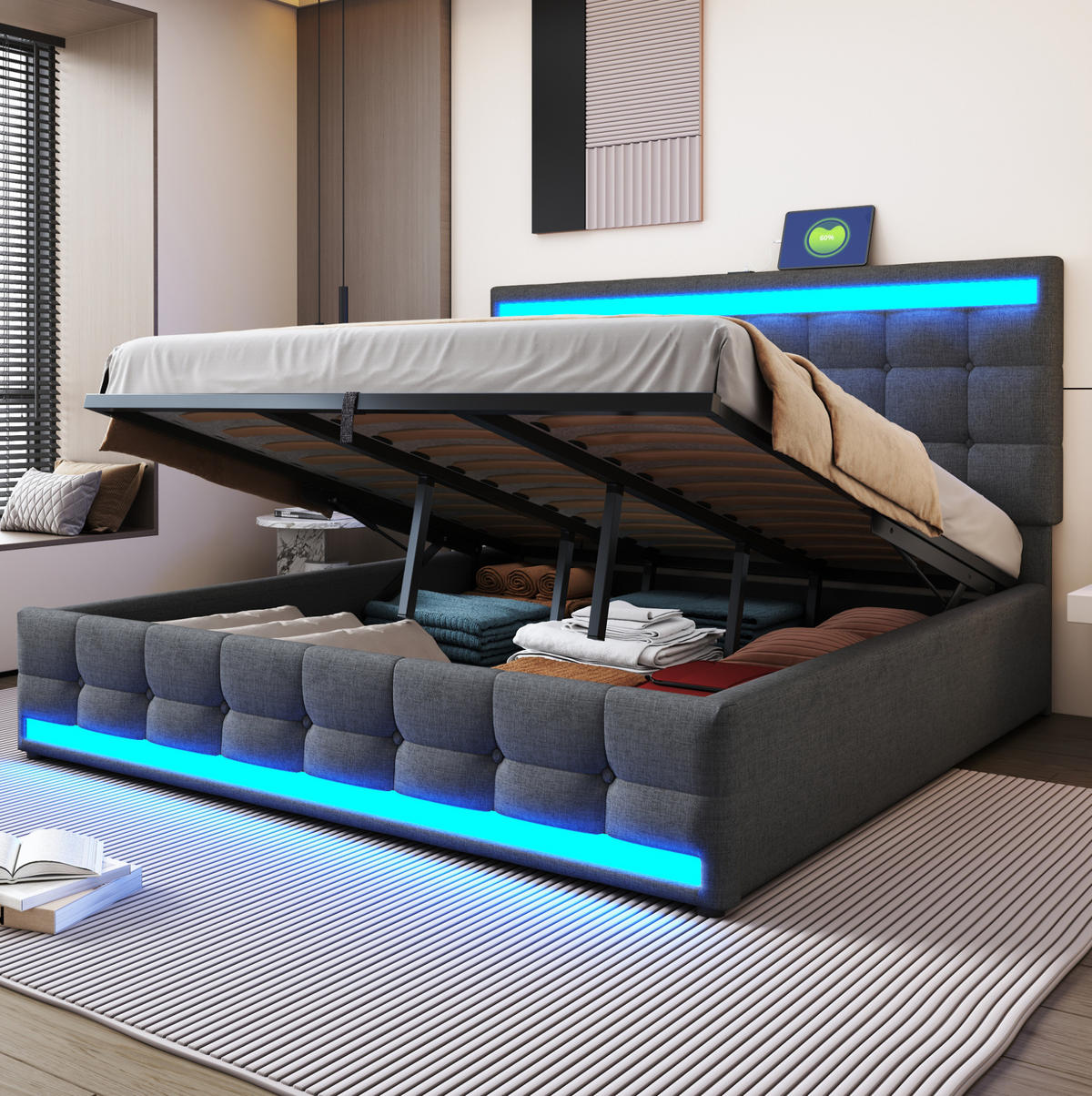 ČALOUNĚNÁ postel 180/200 cm, šedá, s LED osvětlením a USB - šedá, textil (180/200cm) - BEAOK