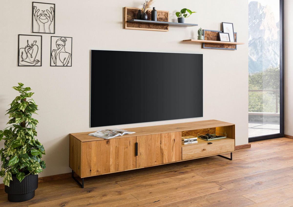 LOWBOARD Wildeiche mit Holztür 220x43x51 natur geölt LINDAU #26 - Naturfarben, Holz (220/51/43cm) - Massivmoebel24