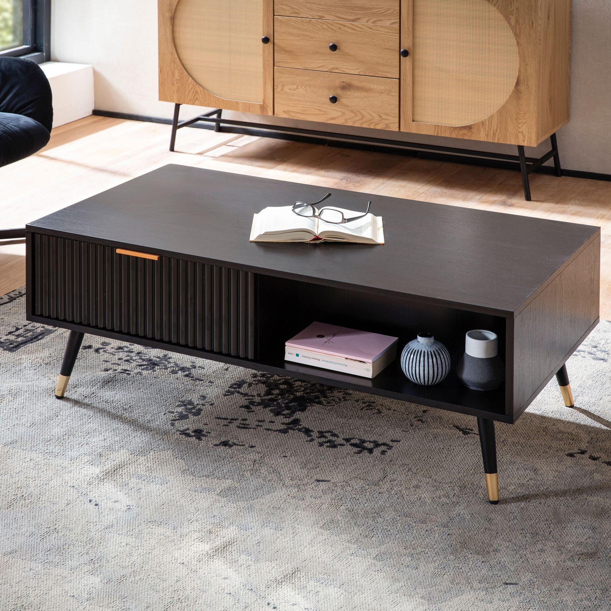 Thumbnail - Kadima Design Couchtisch, Schwarz, Holzwerkstoff, 2 Schubladen, Rechteckig,Rechteckig, Stativgestell, 110x43x60 cm, Wohn...