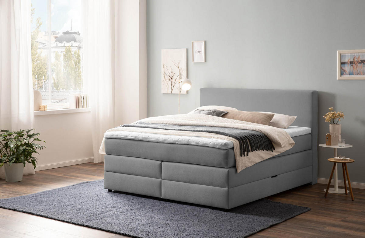 BOXSPRINGBETT LOFT 180x200 Hellgrau H2 und H3 mit Bettkasten 7-Zonen Taschenfederkern Matratze inkl. Visco Topper - Hellgrau, Textil (180/200cm) - Belanoti