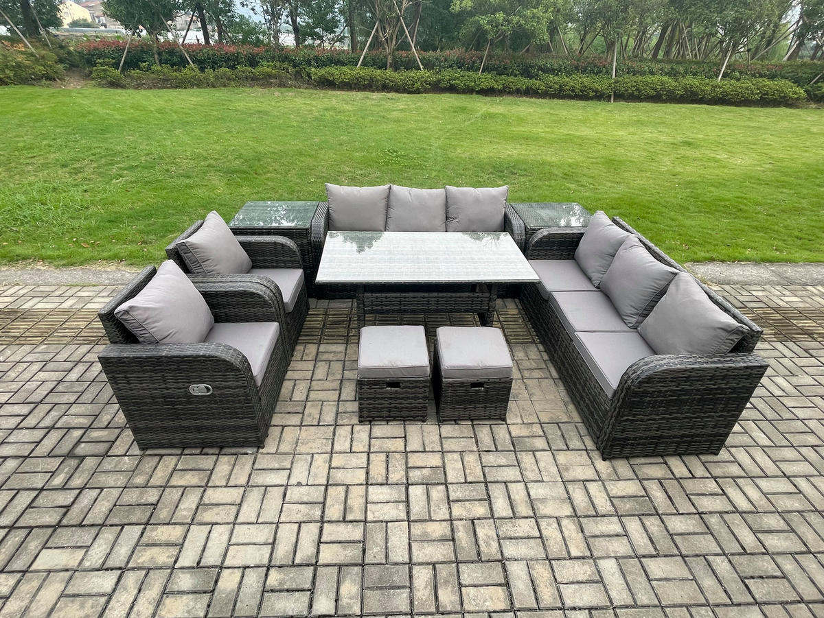 GARTENTISCHGRUPPE mit 2 Beistelltischen,3 kleine Fußhocker Polyrattan Dunkelgrau 10-Sitzer - Dunkelgrau/Grau, Glas/Kunststoff - Fimous