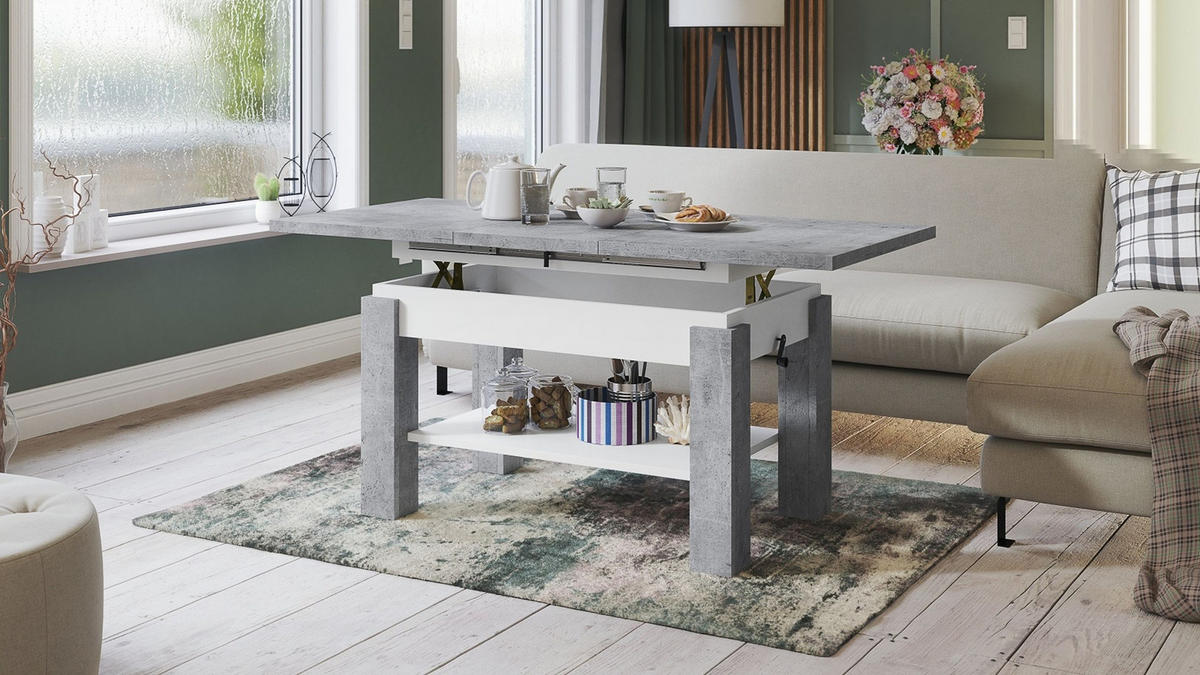 COUCHTISCH rechteckig Beton - Weiß ausziehbar höhenverstellbar - Hellgrau/Weiß, Holzwerkstoff (68/110/59cm) - designimpex