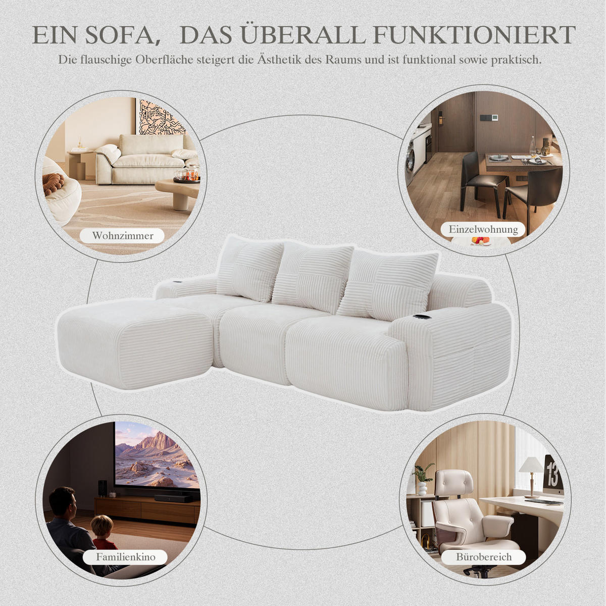 ECKSOFA 268/174/80 cm beige aus Cord mit Cupholder - Beige, Textil (174/268cm) - OKWISH