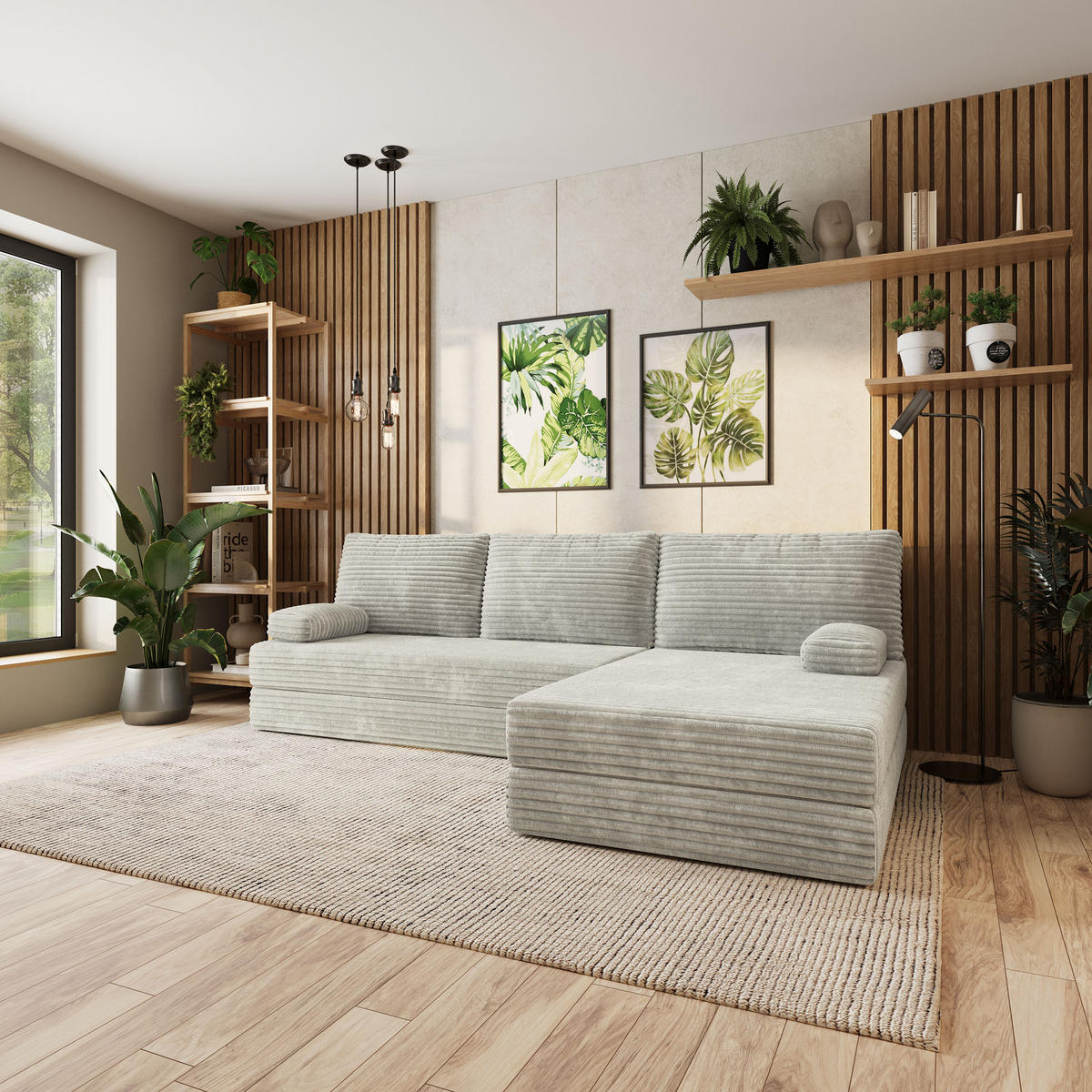 ECKSOFA ANKO modulares Boneless Sofa mit Schlaffunktion Hellgrau Kordstoff - Hellgrau, Textil (270/160cm) - MASSENO