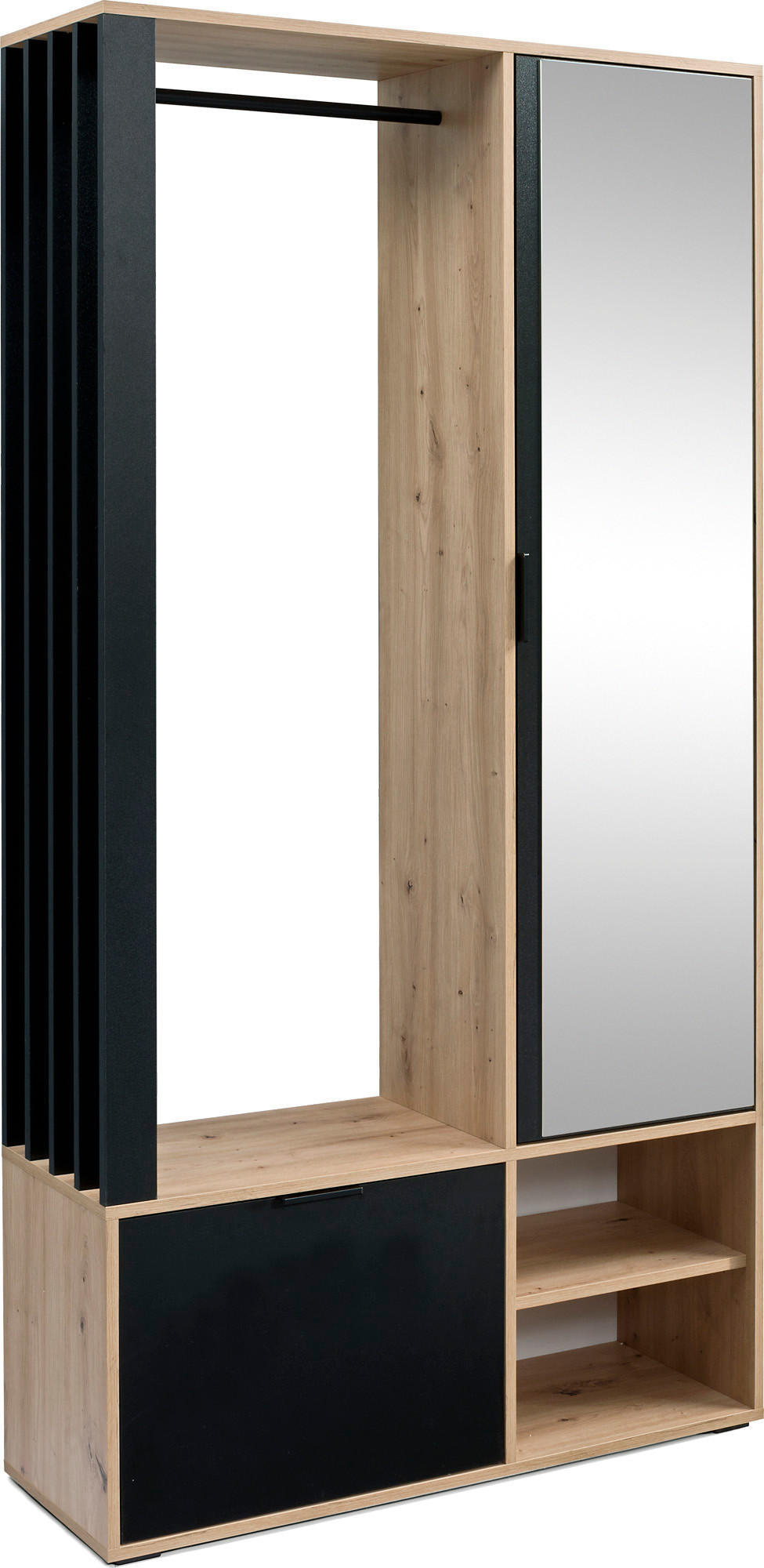 GARDEROBEN-SET Lena mit Spiegel, Sitzbank & Kleiderstange – 100/189/33 cm – Artisan Eiche/ Schwarz - Schwarz/Eiche Artisan, Holzwerkstoff (100/189/33cm) - WFL GROUP