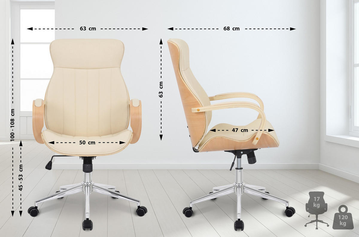 DREHSTUHL Lederlook Natura/Creme - Chromfarben/Eukalyptusholzfarben, Textil/Metall (63/100/68cm) - CLP