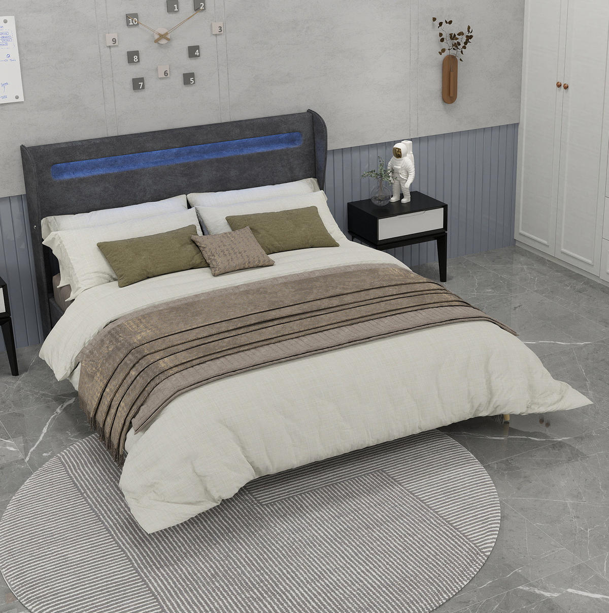 ČALÚNENÁ posteľ 160/200 cm s nastaviteľným LED osvetlením a variabilným čelom, Sivá - sivá, textil (160/200cm) - Redom