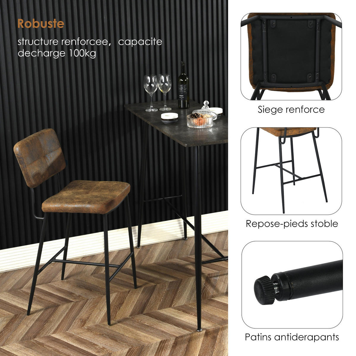 BARHOCKER 4er-Set, 69 cm Sitzhöhe, Gepolsterte Barstühle aus Velourslederimitat mit Rückenlehne und Fußstütze - Braun, Metall (46/102/51cm) - Meubles Cosy