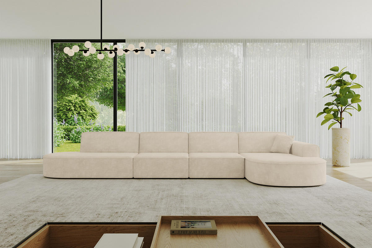 ECKSOFA Ottomane Rechts MARI-L3 - 413x171x79 cm Beige Velours - Beige/Schwarz, Holzwerkstoff/Kunststoff (171/413cm) - ALTDECOR